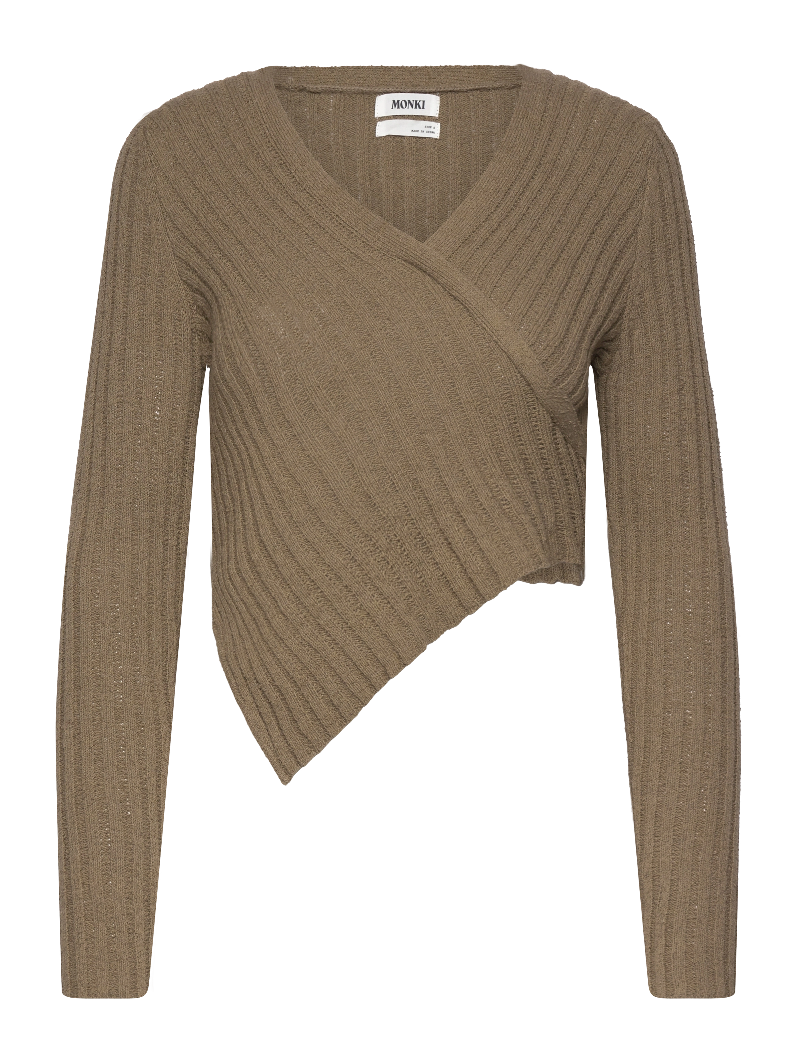 Monki Knitted Wrap-Shaped Asymmetric V-Neck Sweater, XS, Knitwear, Khakigrün - Jumpers, Frauen