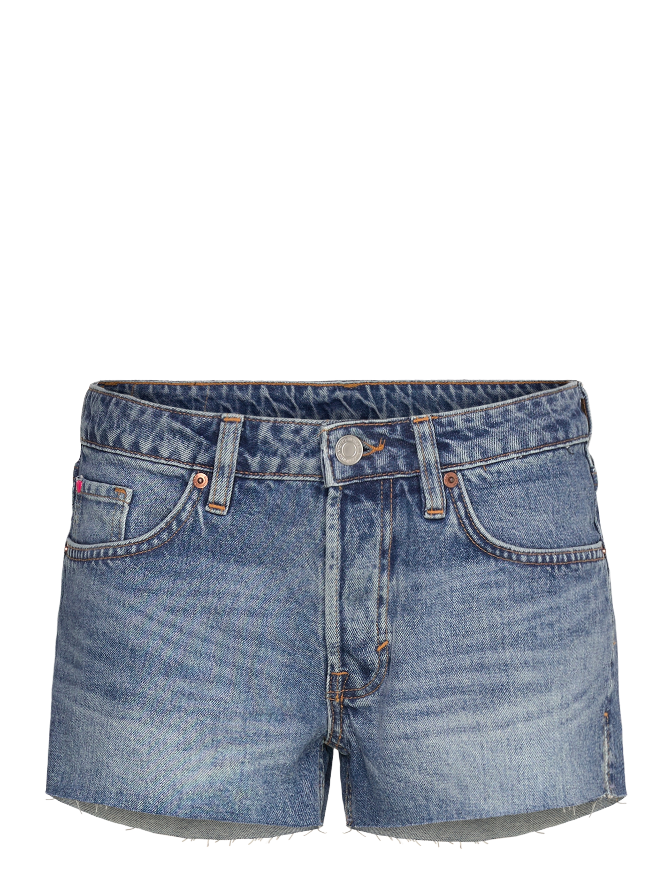 Monki Low Rise Raw Hem Mini Denim Shorts, 27, Blue, Shorts > Denim Shorts, Dame