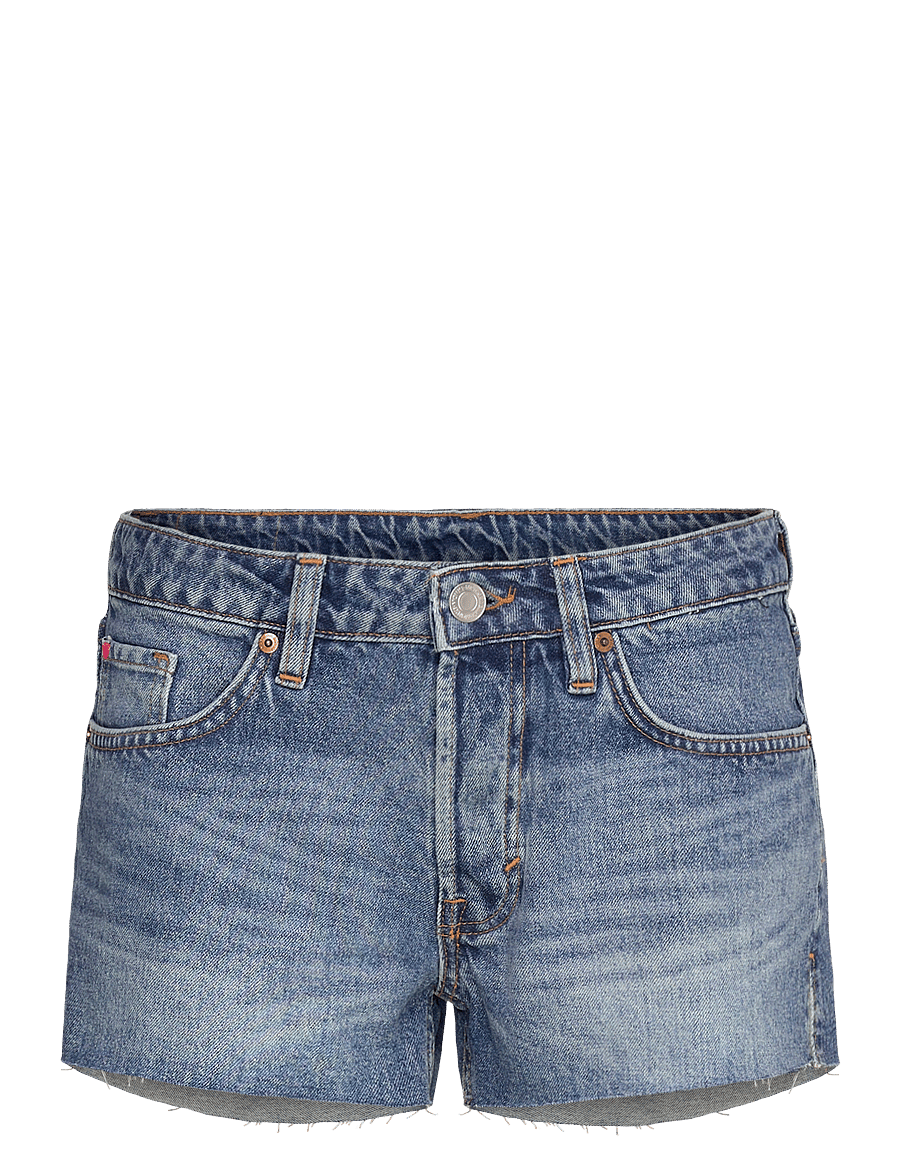 Monki - Low Rise Raw Hem Mini Denim Shorts - jorts - blue medium dusty - 0