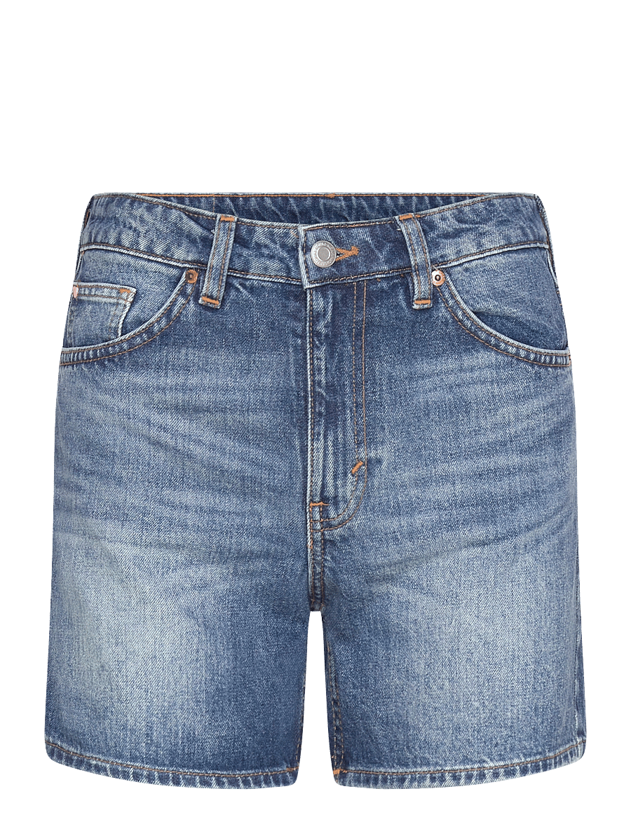 Monki - Aimo Mid-Rise Straight Leg Denim Shorts - korte jeansbroeken - blue medium dusty - 0