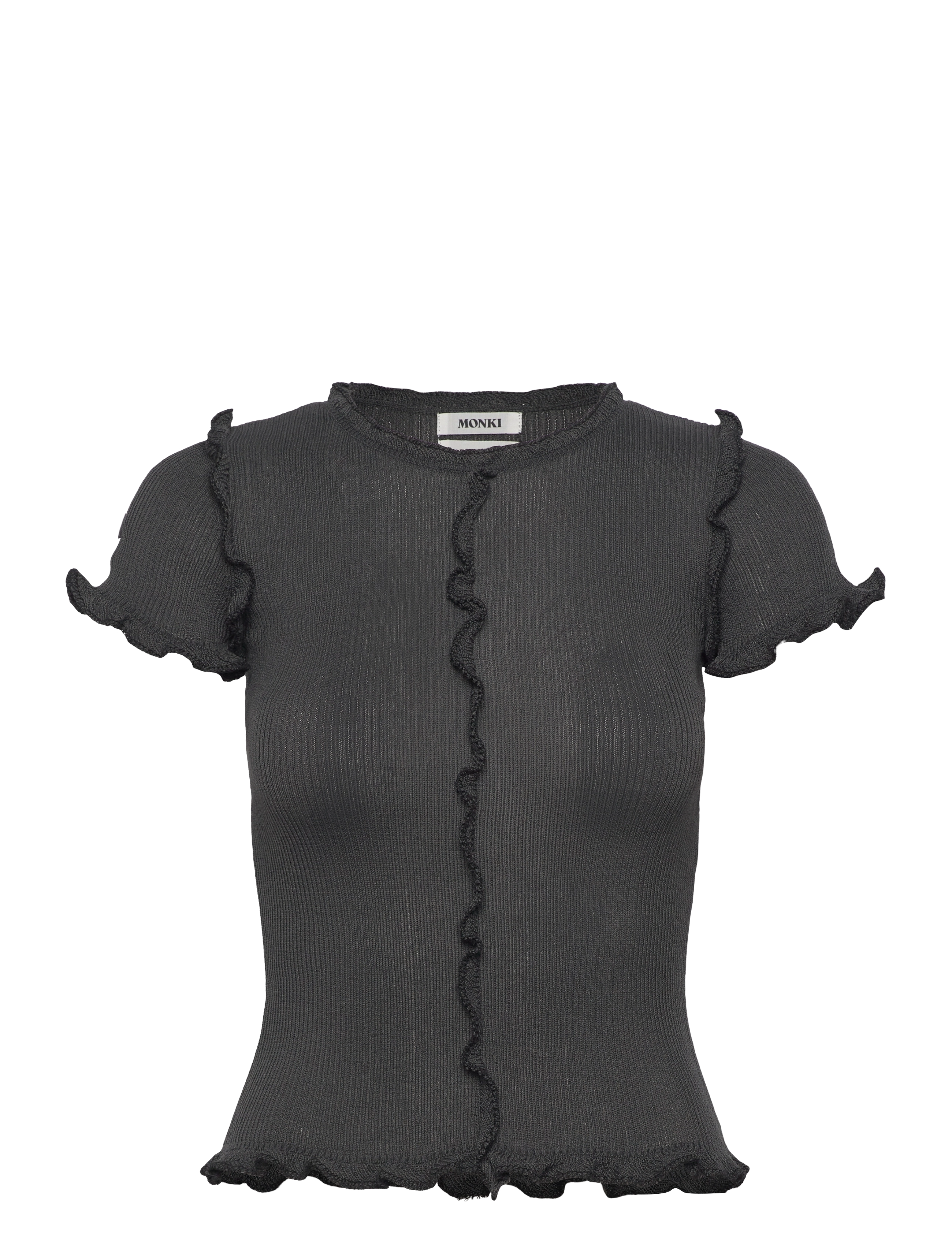 Monki Frill-Edge Ribbed Knitted Top, XXS, T-shirts & Oberteile, Grau - Short-sleeved, Frauen