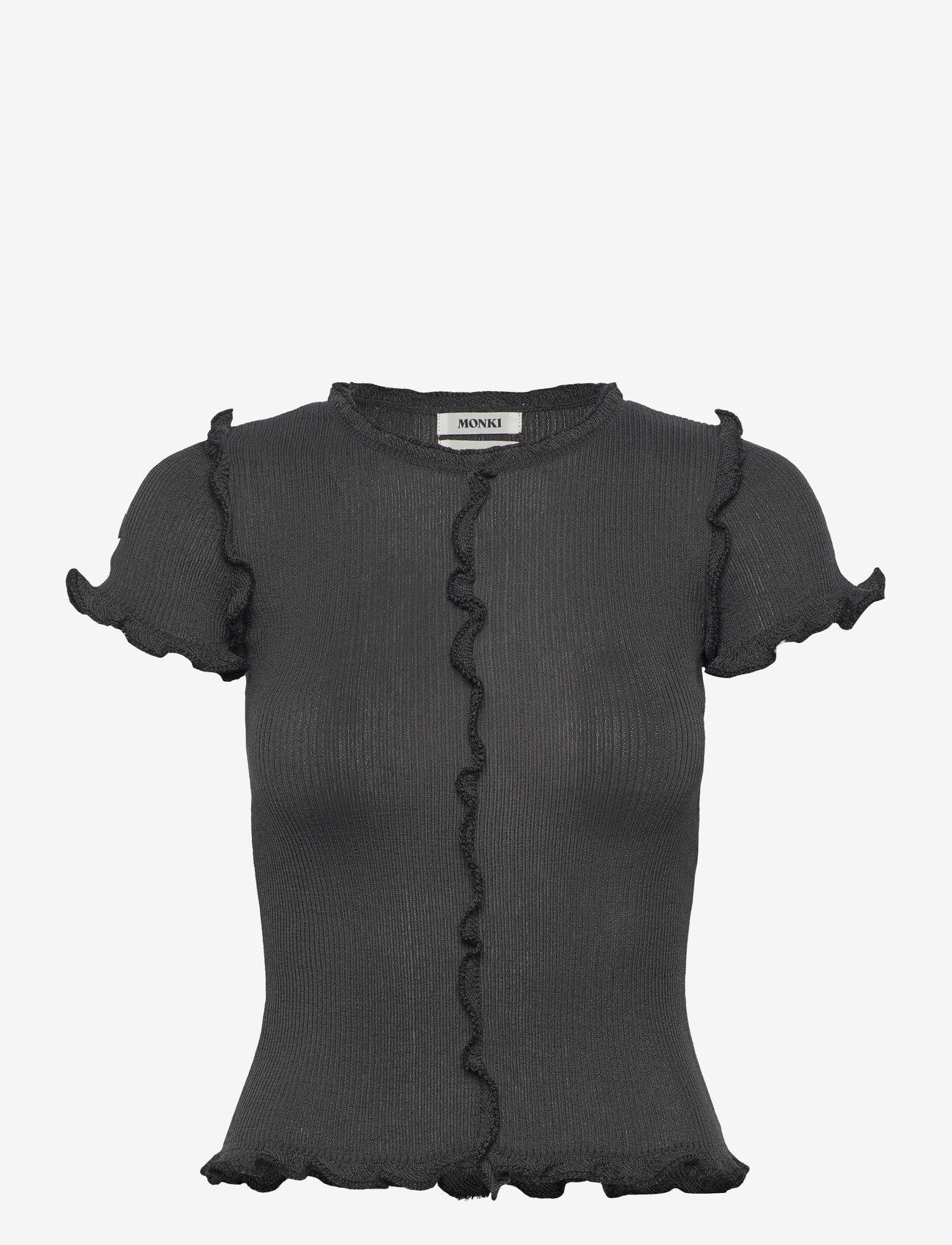 Monki - Frill-Edge Ribbed Knitted Top - t-shirts - grey dark - 0