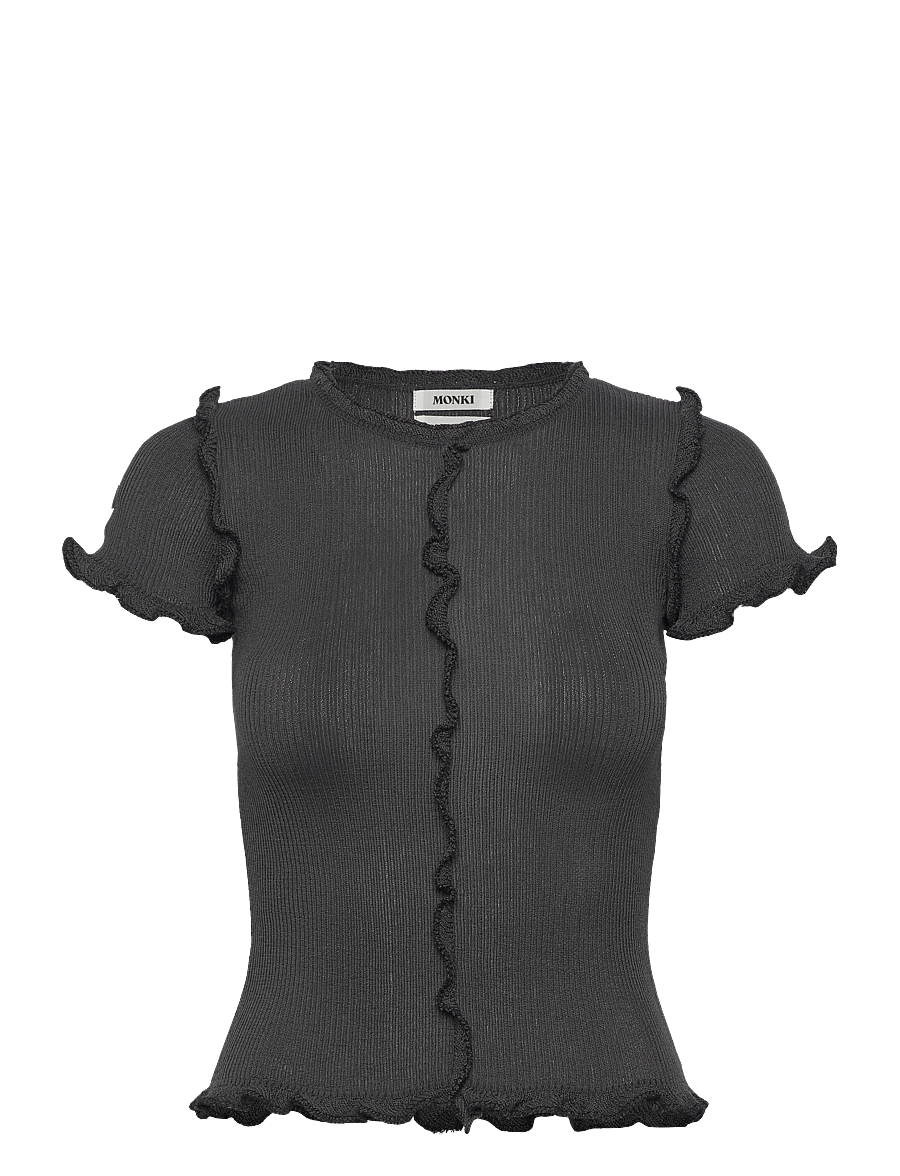 Monki - Frill-Edge Ribbed Knitted Top - t-shirts - grey dark - 0
