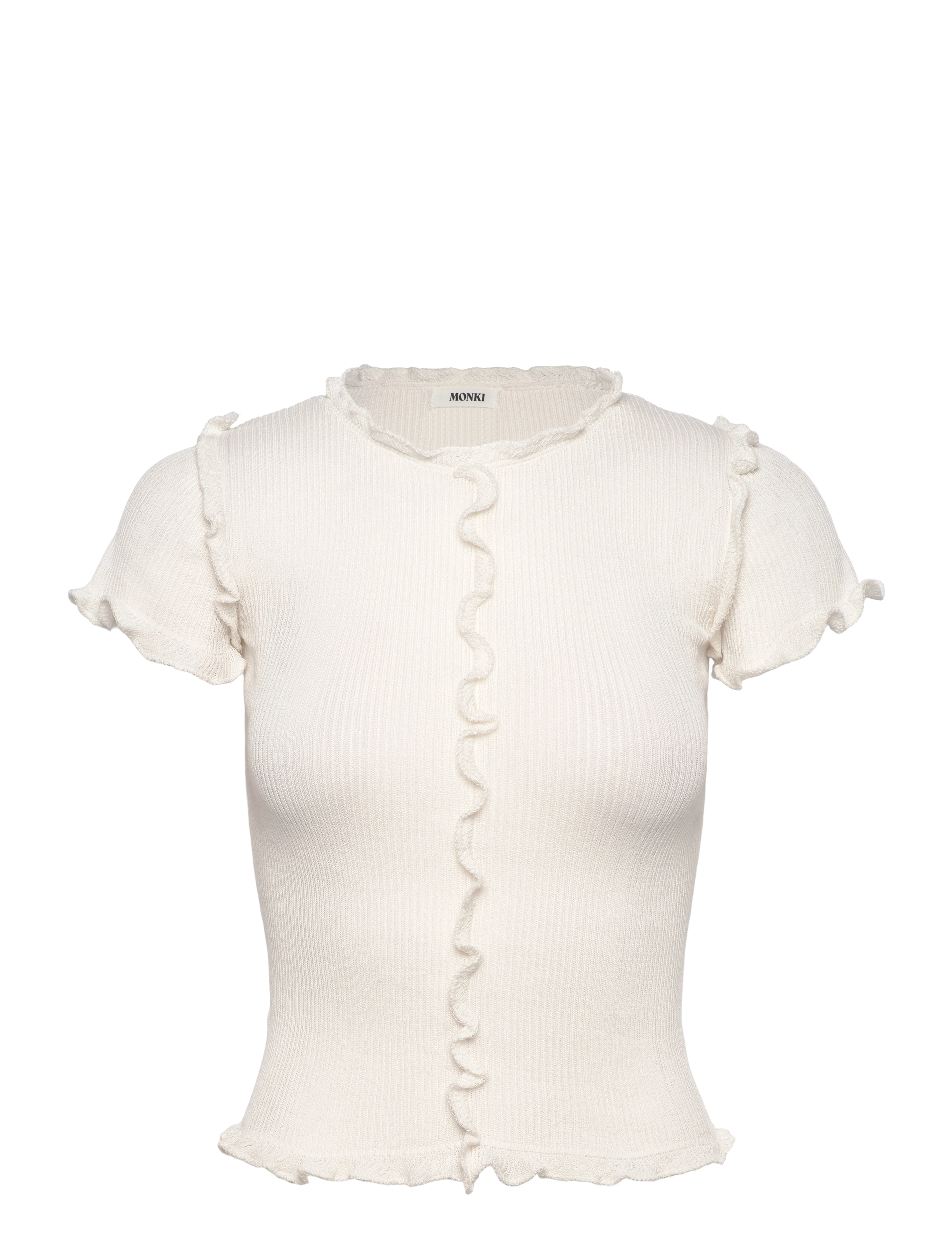 Monki Frill-Edge Ribbed Knitted Top, XS, T-shirts & Oberteile, Weiß - Short-sleeved, Frauen