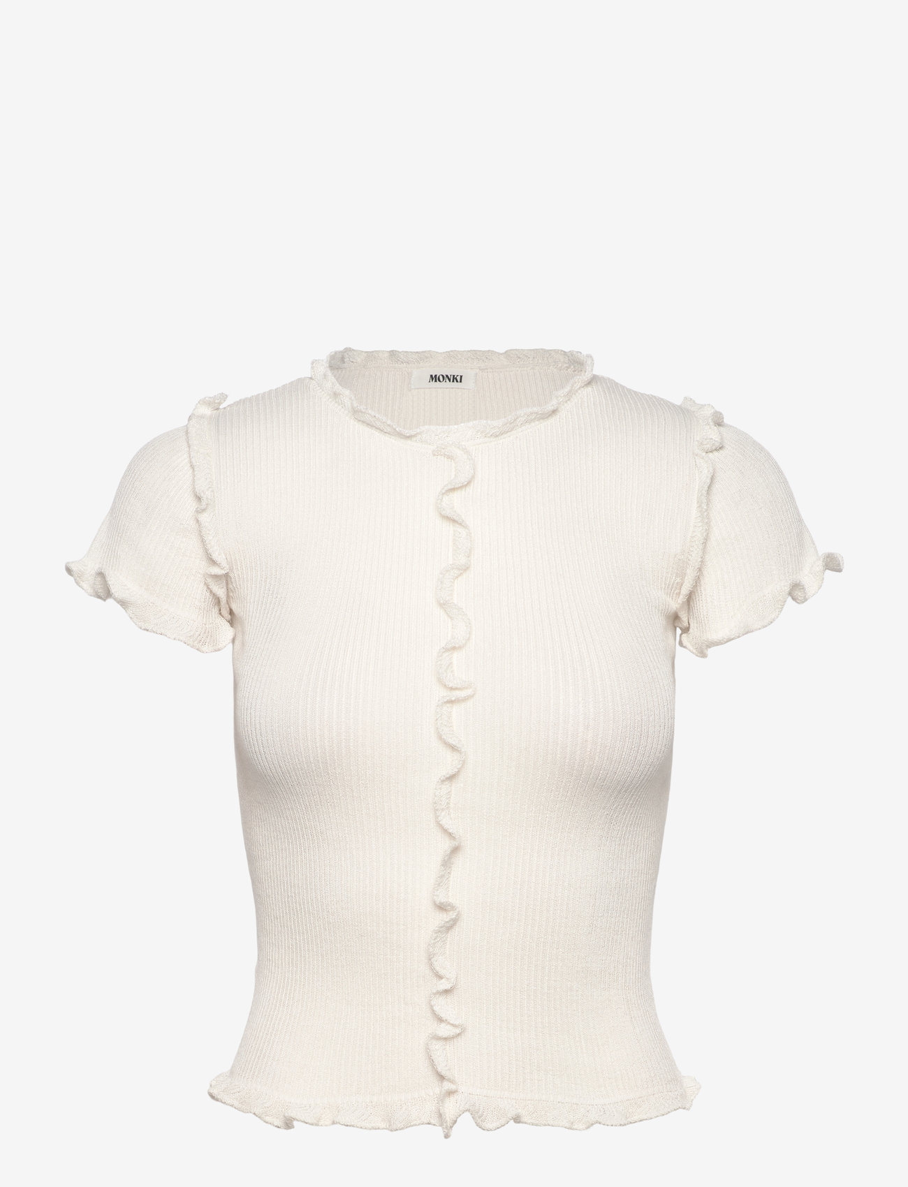 Monki - Frill-Edge Ribbed Knitted Top - t-shirts - white light - 0