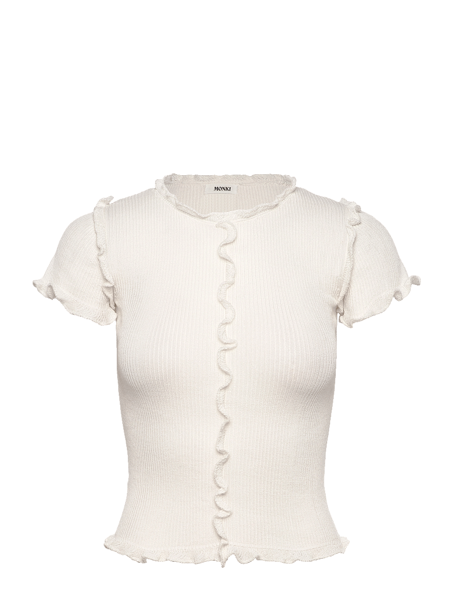 Monki - Frill-Edge Ribbed Knitted Top - t-shirts - white light - 0