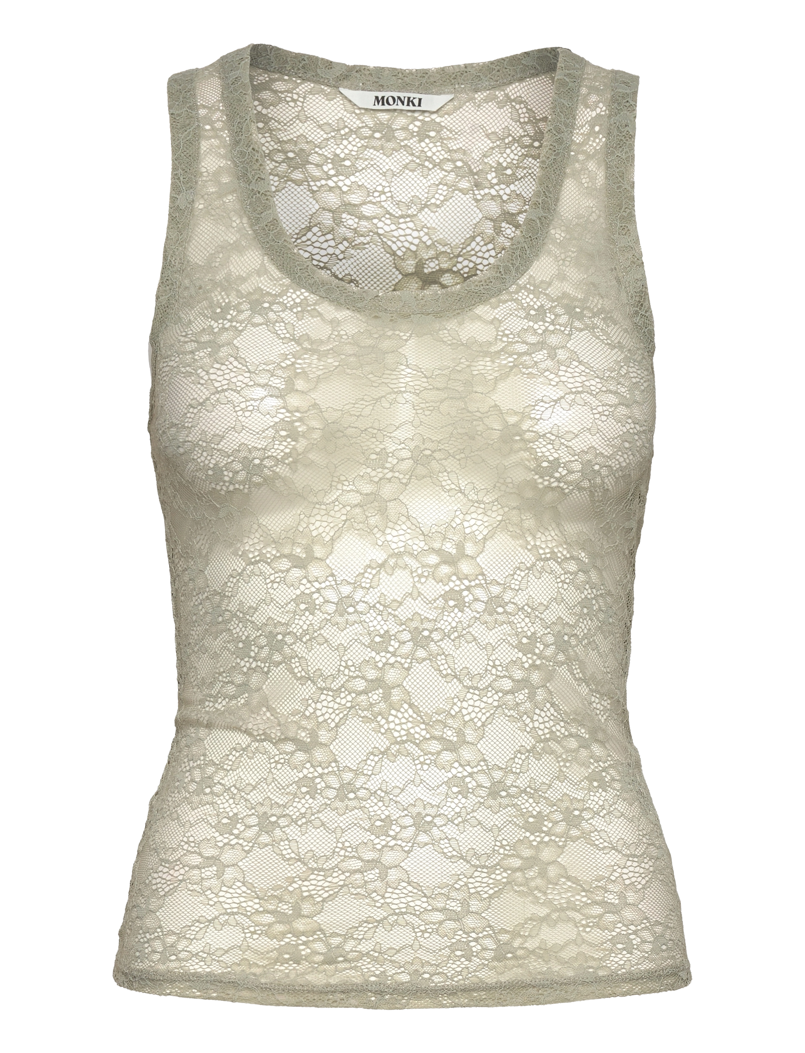 Monki Sheer Lace Sleeveless Tank Top, XXS, T-shirts & Oberteile, Khakigrün - Sleeveless, Frauen