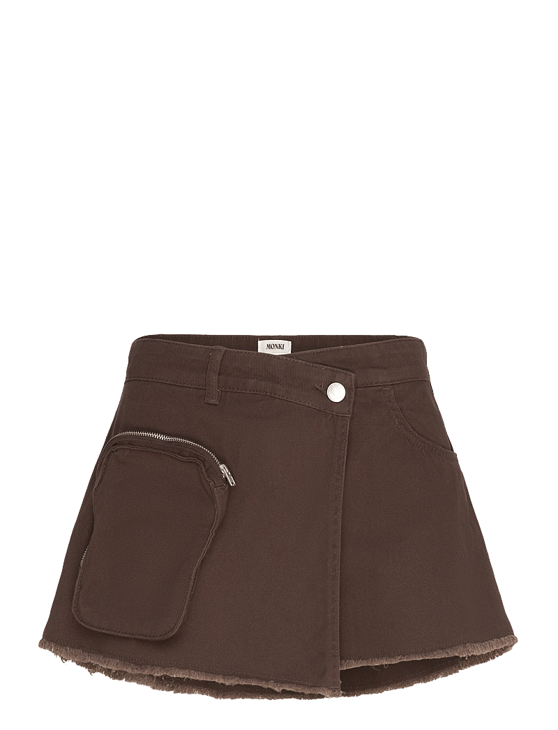 Monki - Asymmetric Cotton Twill Wrap Skort - kurze röcke - brown dark - 0