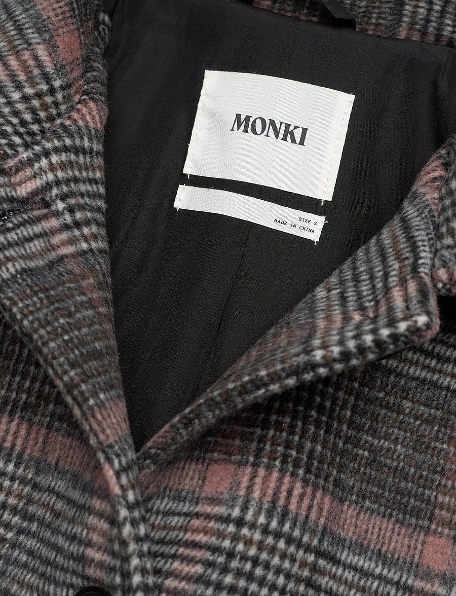 Monki - Knee-Length Single-Breasted Coat - talvejoped - black dark check - 2