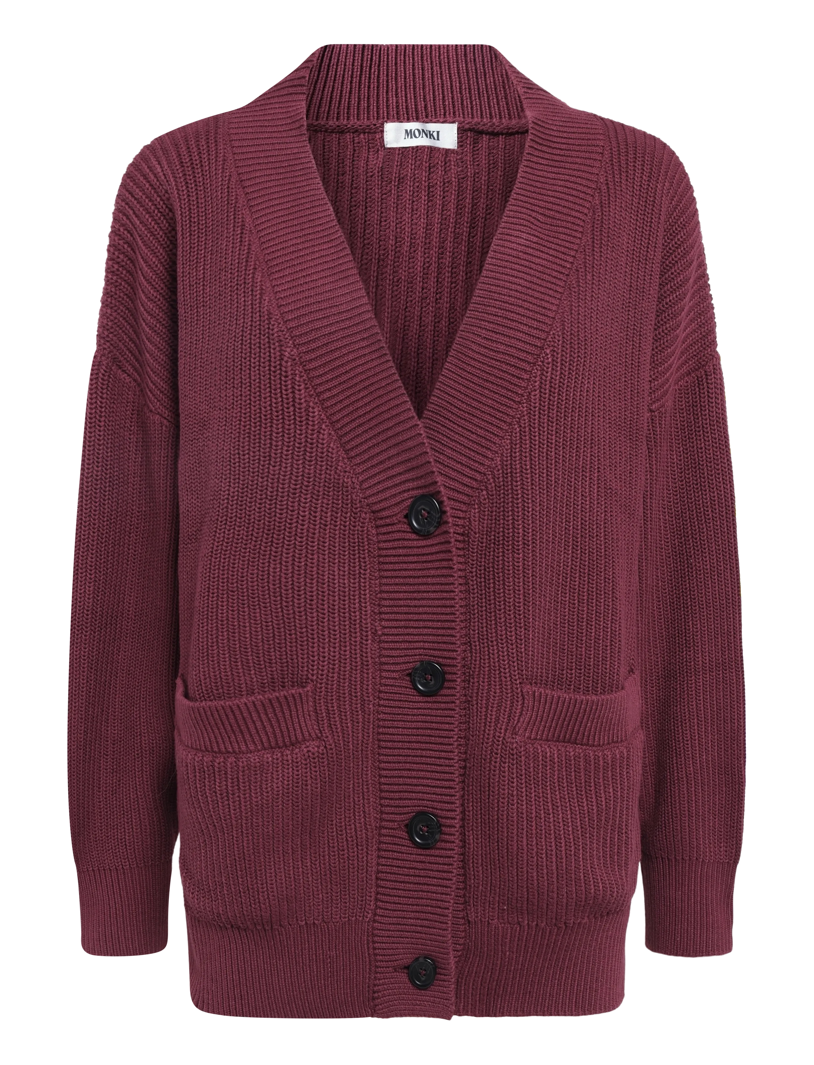 Monki Oversized V-Neck Cotton Knit Cardigan - Cardigans - RED DARK / burgundy