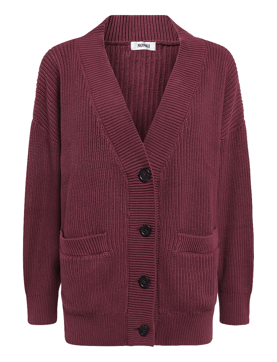 Monki - Oversized V-Neck Cotton Knit Cardigan - cardigans - red dark - 0