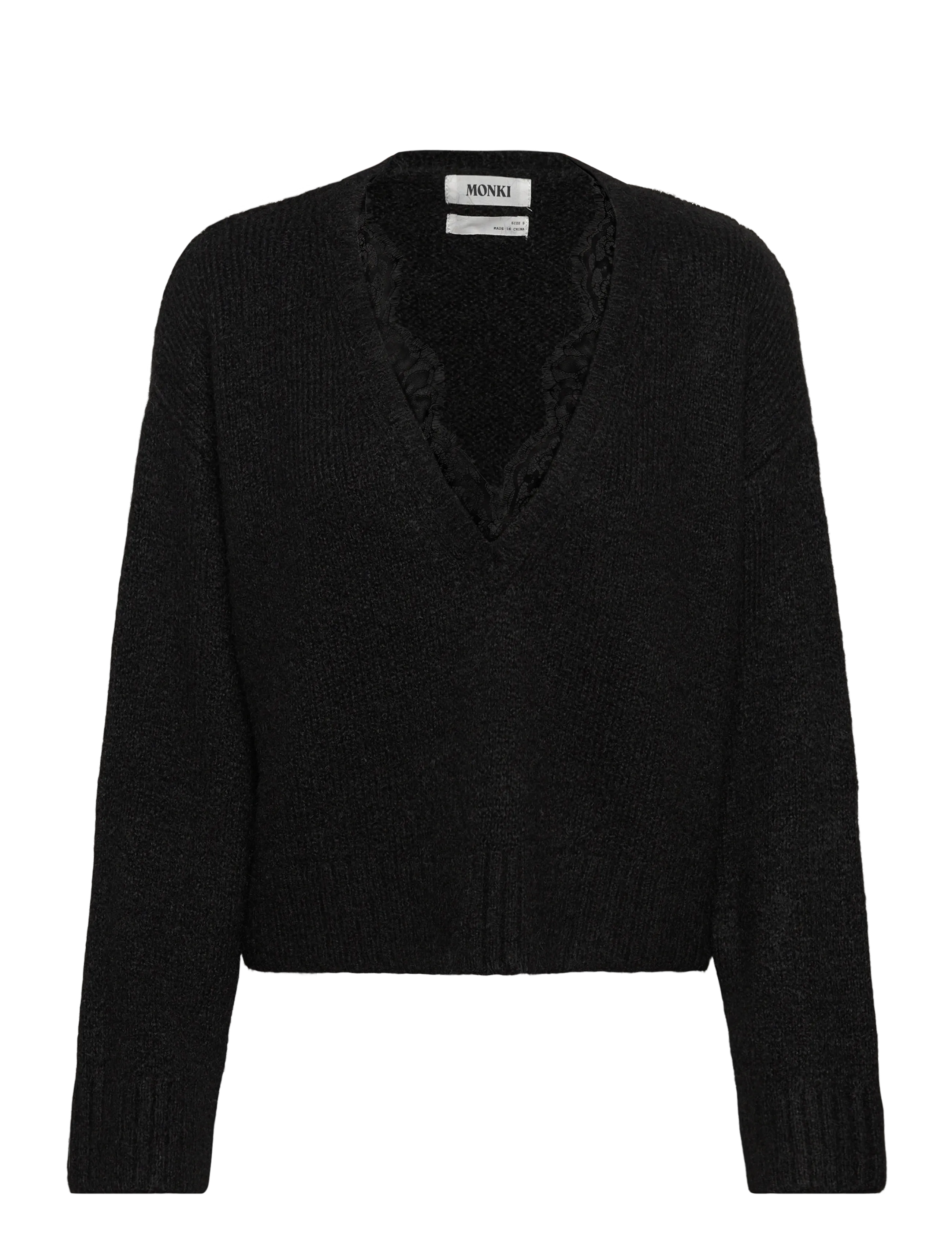 Monki Lace-Trimmed V-Neck Sweater, XS, Knitwear, Schwarz - Jumpers, Frauen
