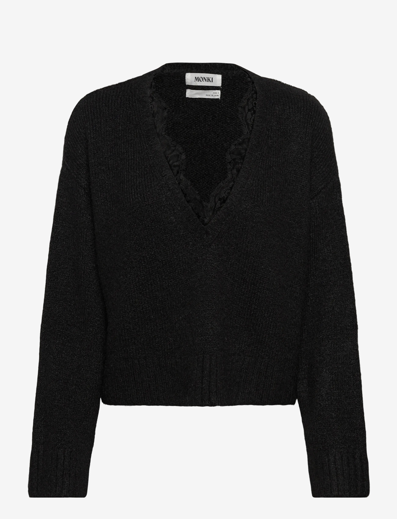Monki - Lace-trimmed V-neck Sweater - pullover - black dark - 0