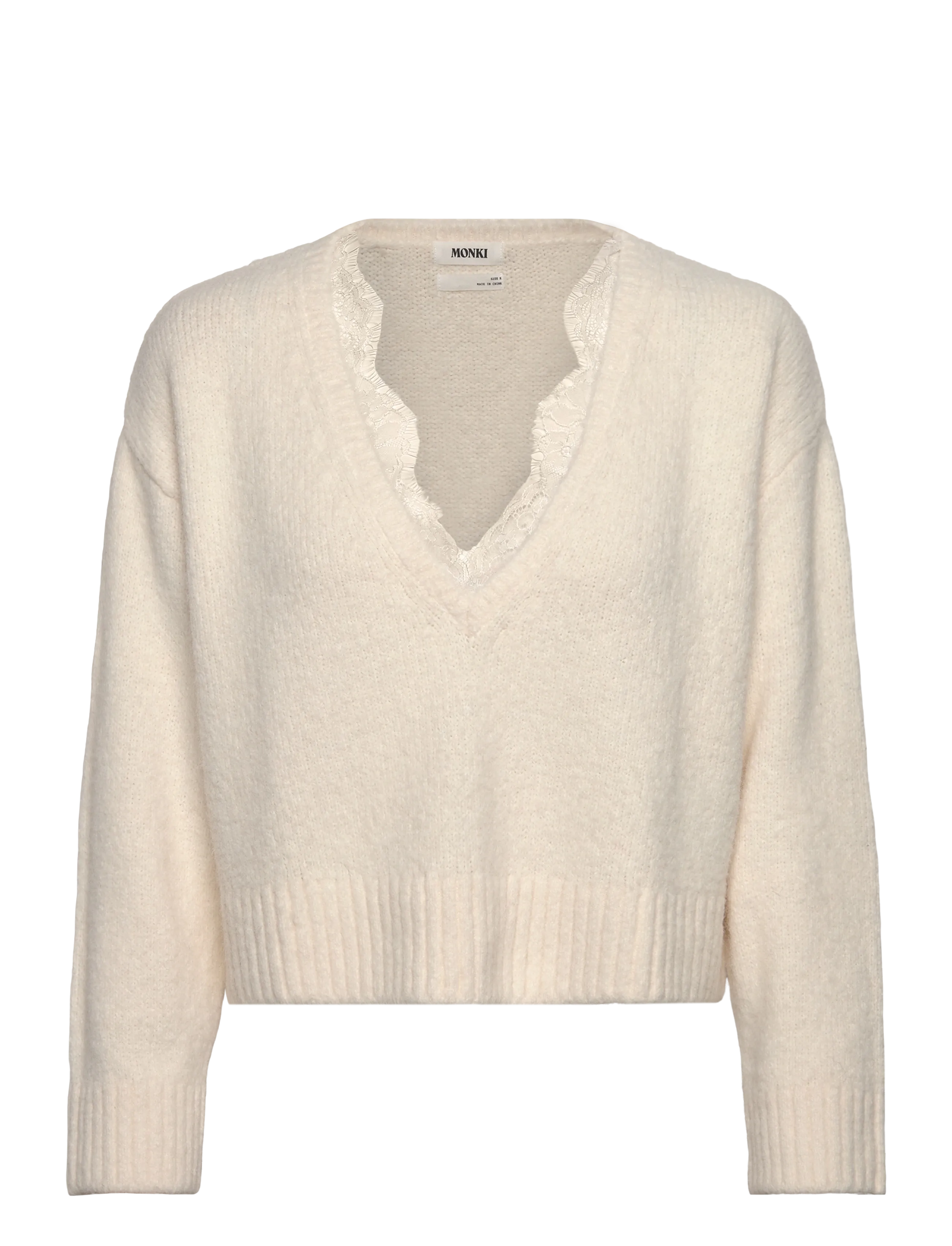 Monki Lace-Trimmed V-Neck Sweater, XXS, Knitwear, Creme - Jumpers, Frauen