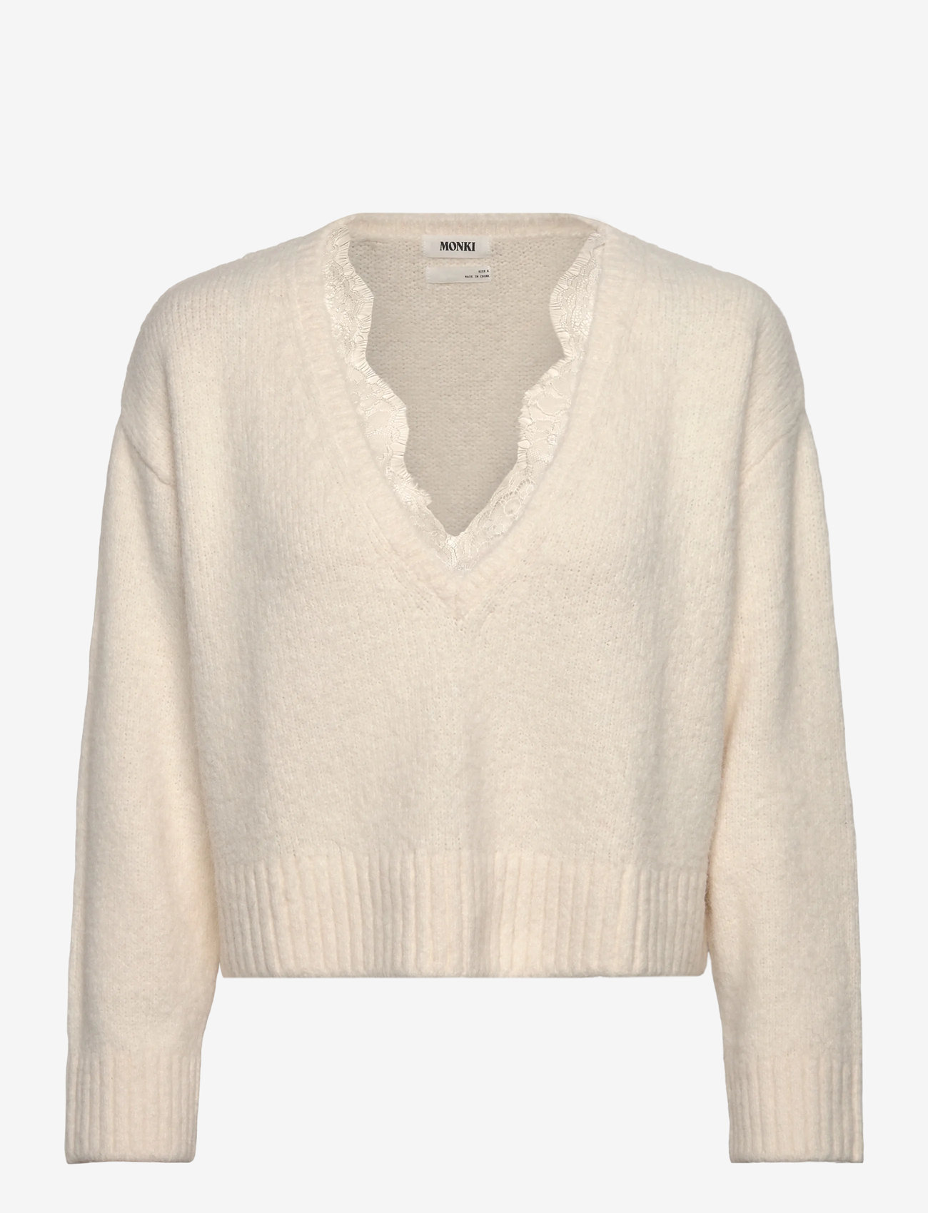 Monki - Lace-trimmed V-neck Sweater - striktrøjer - white light - 0