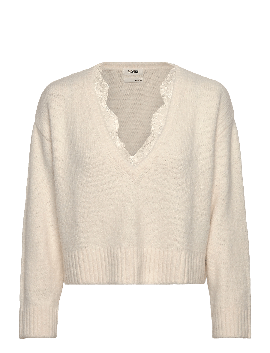 Monki - Lace-trimmed V-neck Sweater - striktrøjer - white light - 0