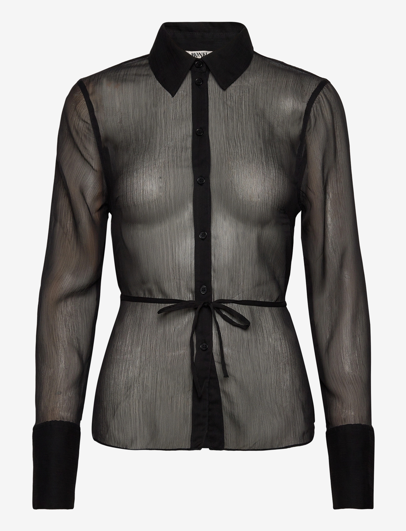 Monki - Fitted Tie-Back Sheer Shirt - långärmade skjortor - black dark - 0