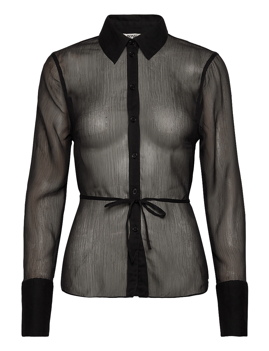 Monki - Fitted Tie-Back Sheer Shirt - koszule z długimi rękawami - black dark - 0