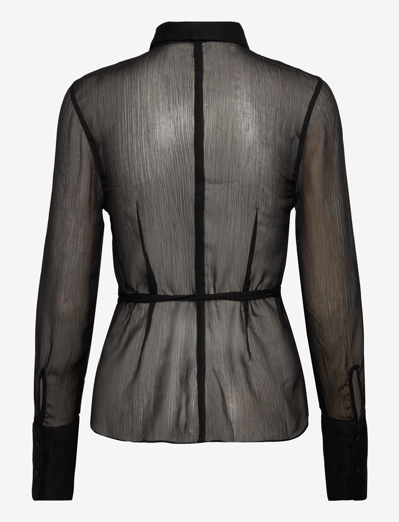 Monki - Fitted Tie-Back Sheer Shirt - långärmade skjortor - black dark - 1