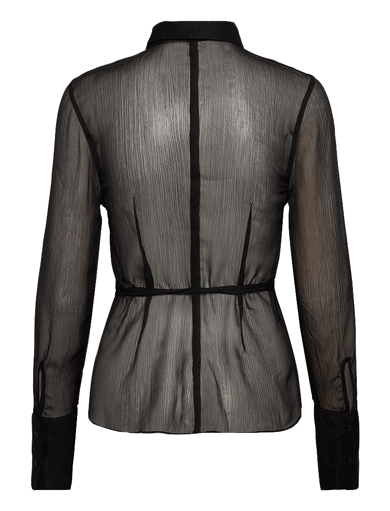 Monki - Fitted Tie-Back Sheer Shirt - långärmade skjortor - black dark - 1