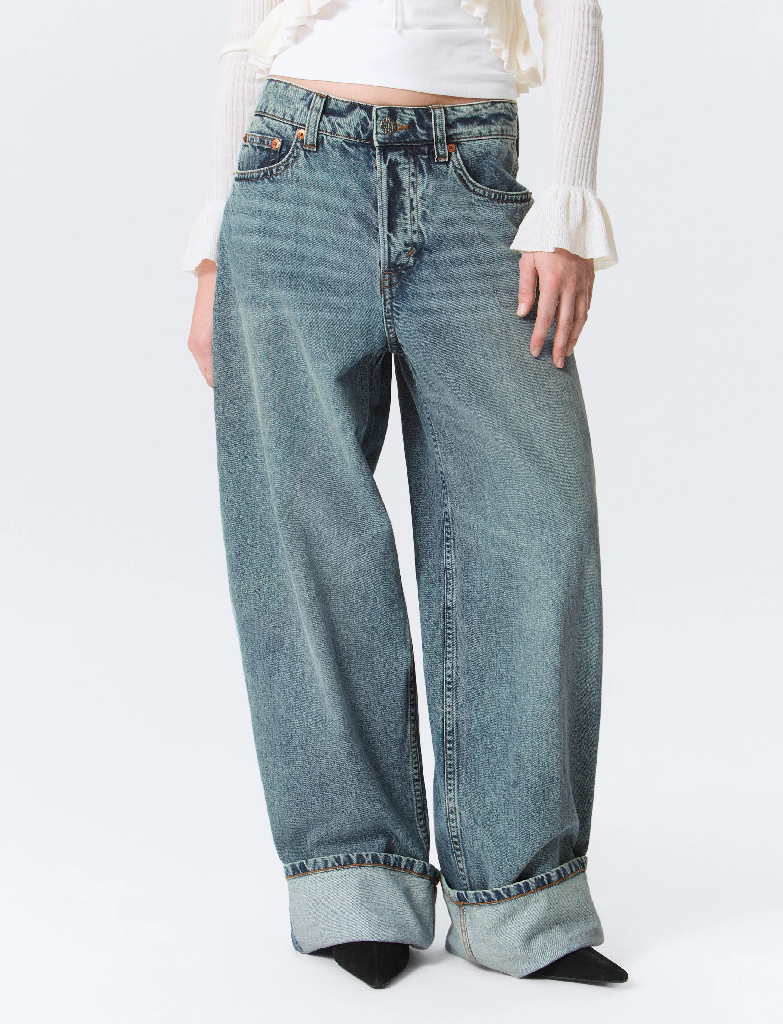 Monki Peggy Low Rise Loose Baggy Jeans, Kvinder, Lavtaljede Løse Baggy Jeans Med Opsmøg, Blå, Str: 32 x 32