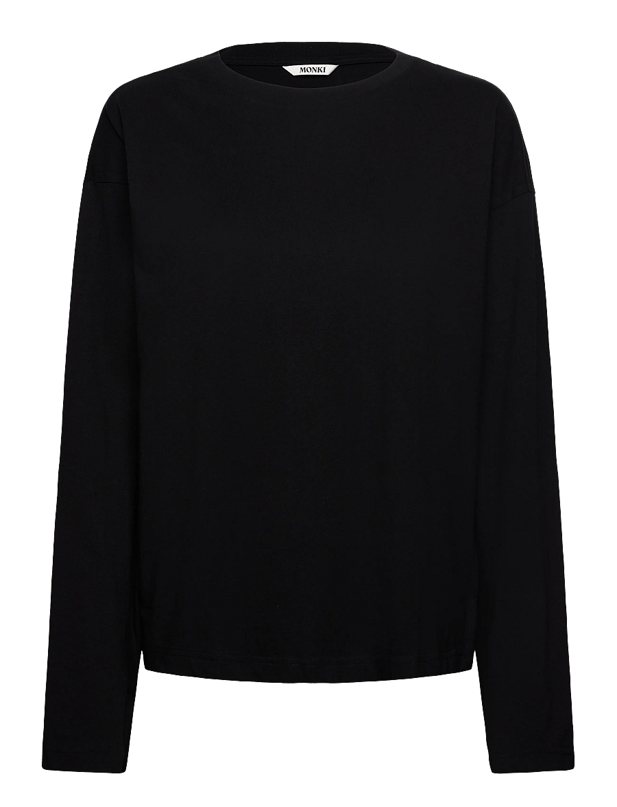 Monki - Long-Sleeved Cotton T-shirt - långärmade toppar - black dark - 0