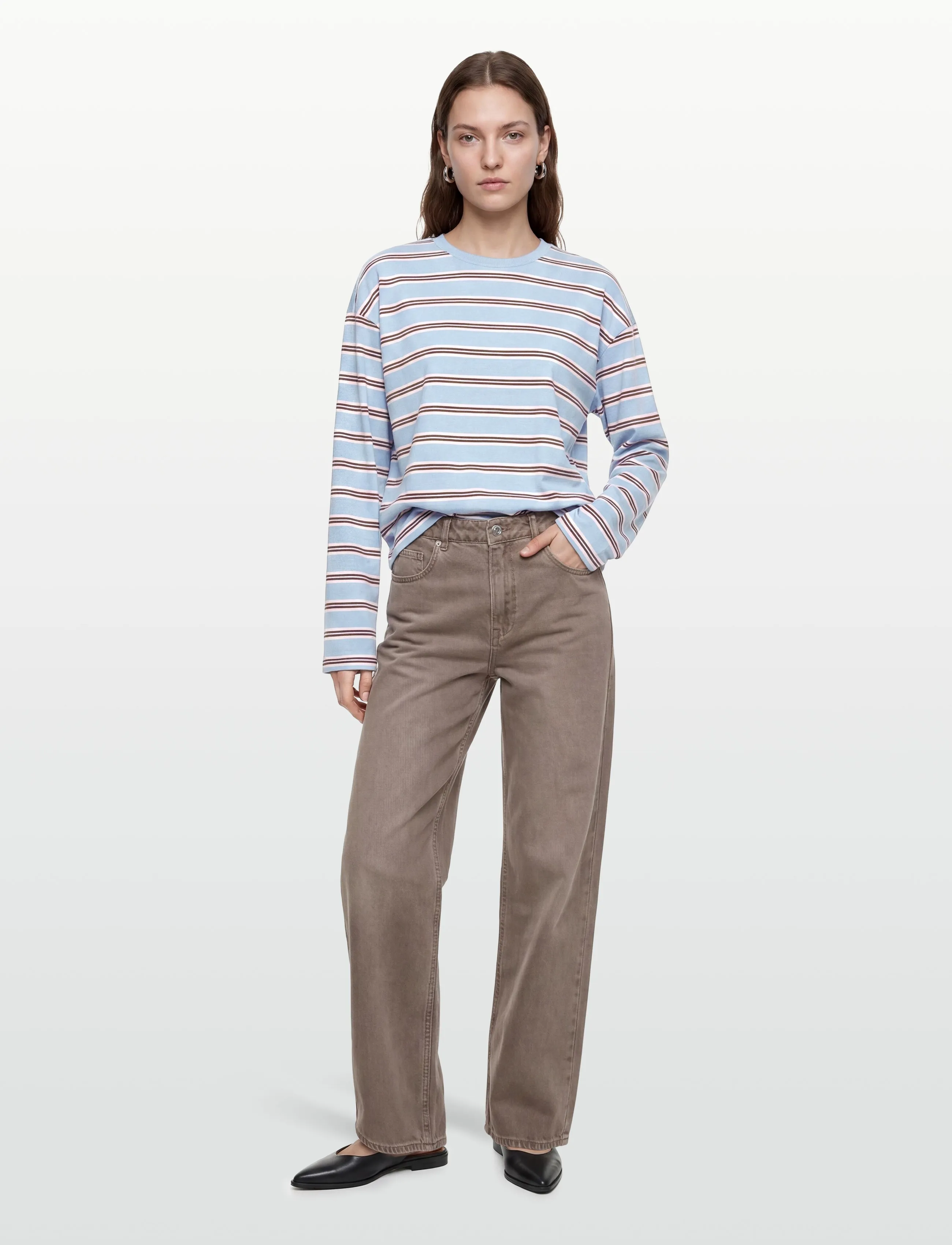Monki - Long-Sleeved Cotton T-shirt - langärmlige tops - blue dusty light - 0