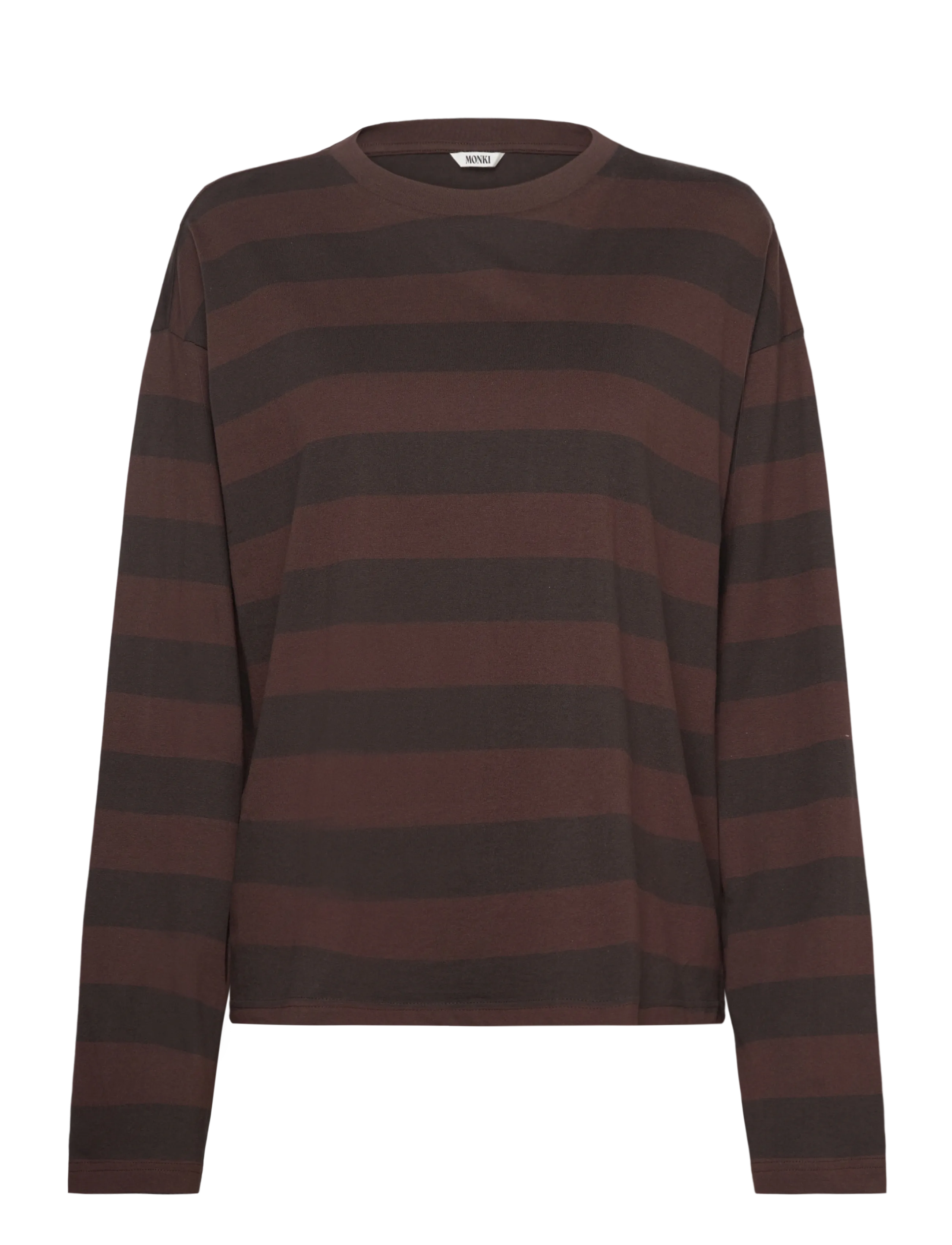 Monki Long-Sleeved Cotton T-shirt - T-shirts & Tops - BROWN/NAVY / brown