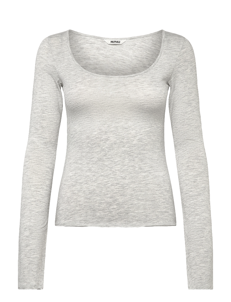 Monki - Long-Sleeved Slim Fit Scoop Neck Top - long-sleeved tops - grey melange dusty light - 0