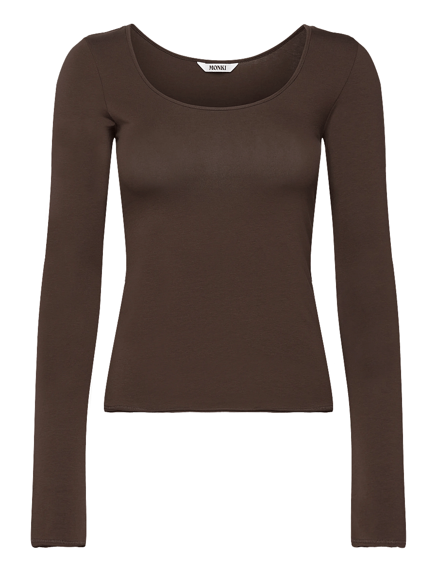 Monki - Long-Sleeved Slim Fit Scoop Neck Top - long-sleeved tops - brown dark - 0