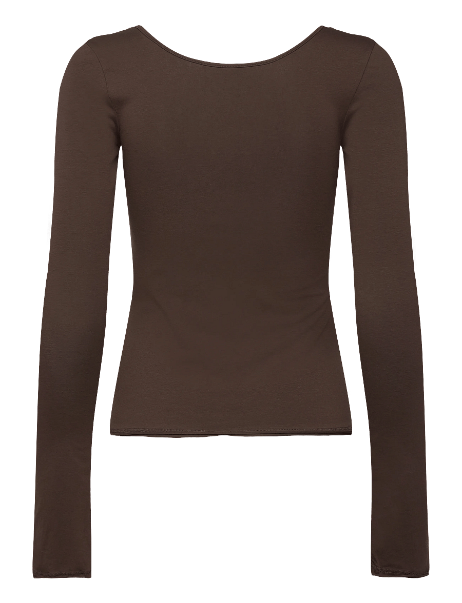 Monki - Long-Sleeved Slim Fit Scoop Neck Top - long-sleeved tops - brown dark - 1