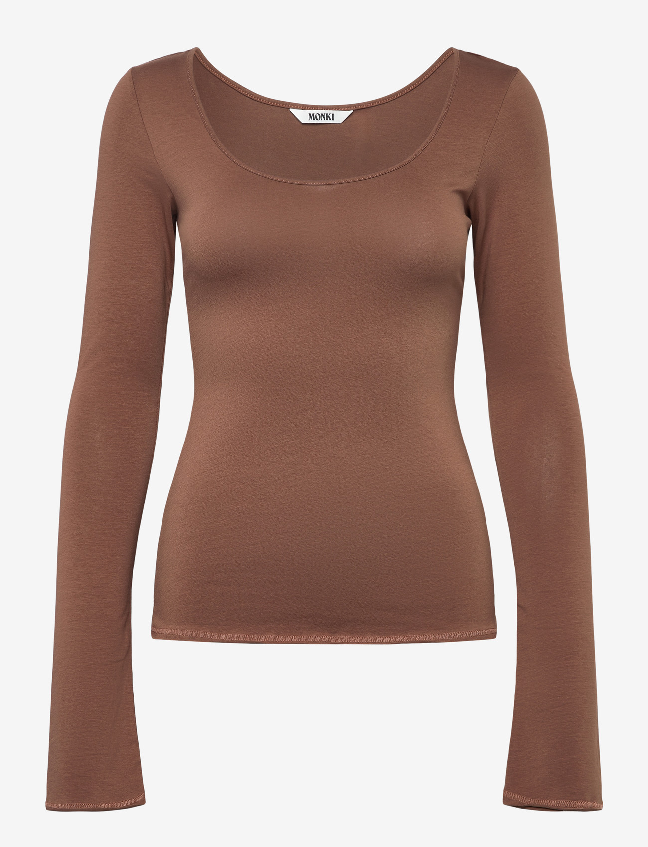 Monki - Long-Sleeved Slim Fit Scoop Neck Top - langærmede toppe - brown medium dusty - 0