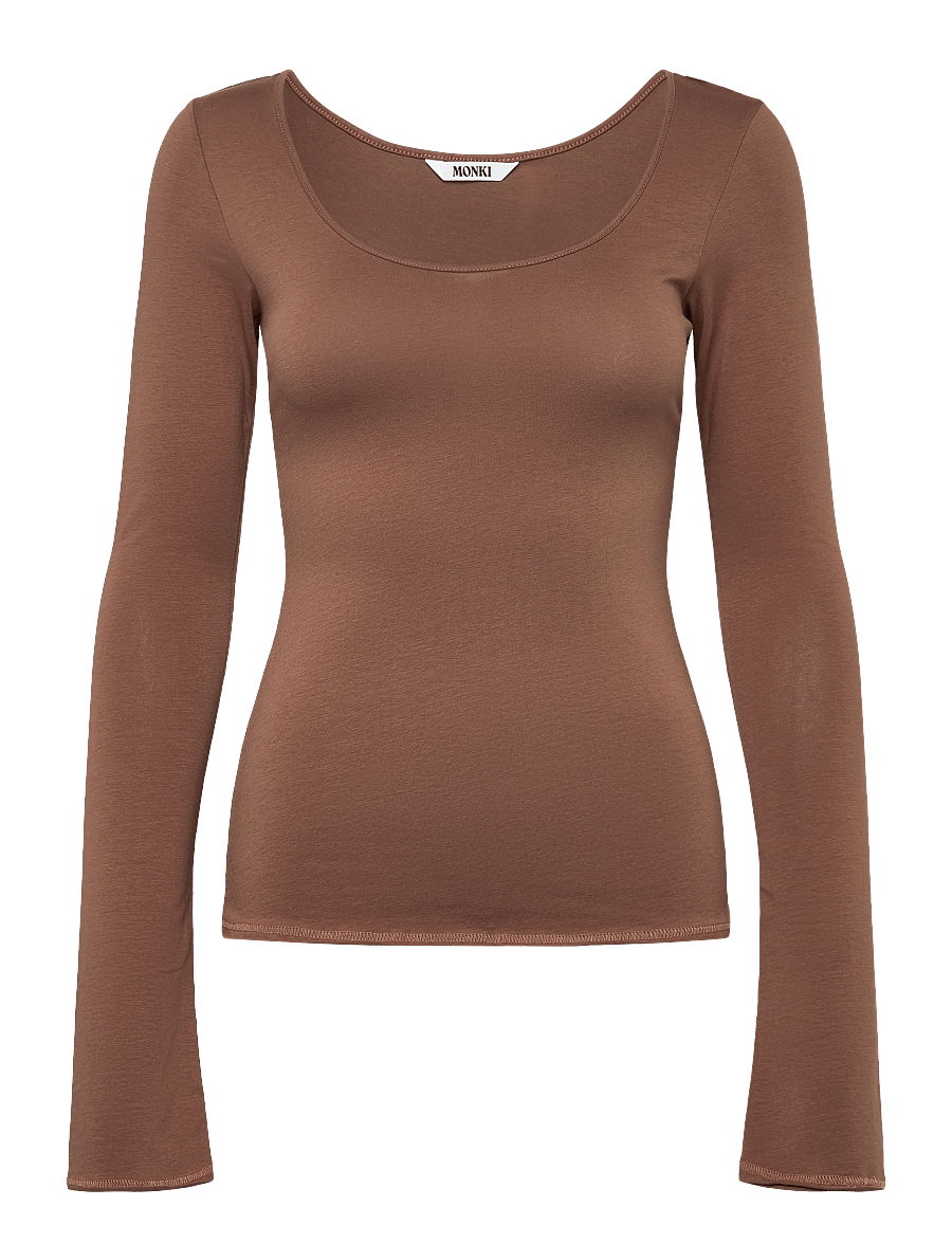 Monki - Long-Sleeved Slim Fit Scoop Neck Top - långärmade toppar - brown medium dusty - 0