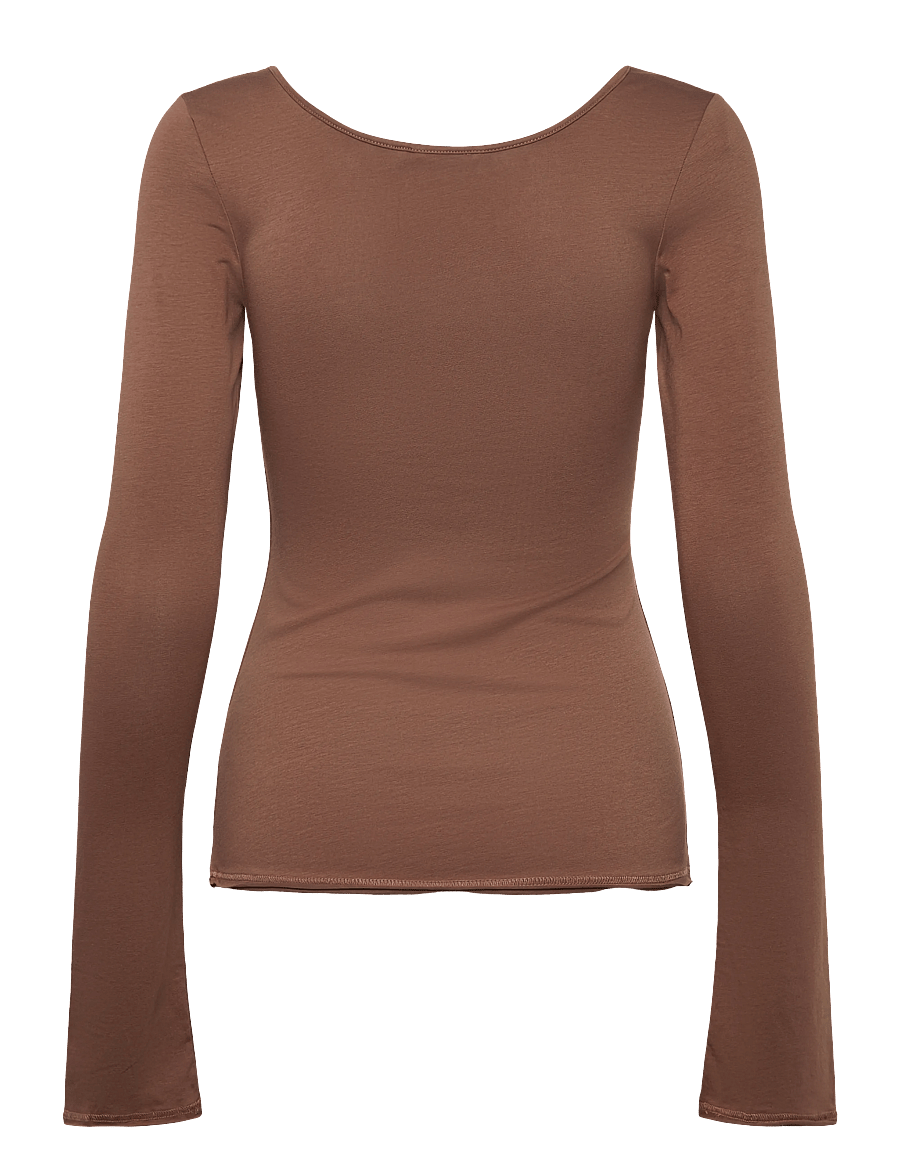 Monki - Long-Sleeved Slim Fit Scoop Neck Top - långärmade toppar - brown medium dusty - 1