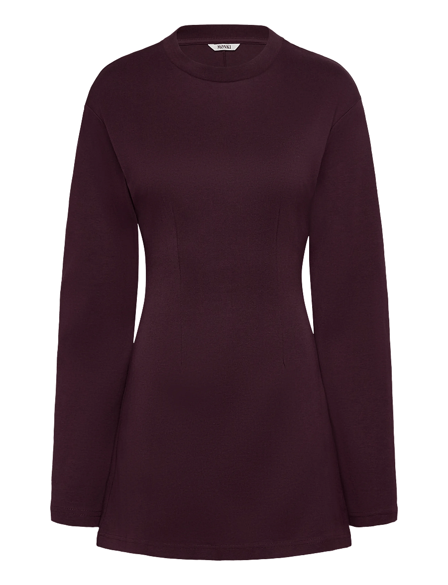 Monki - Long-Sleeved Cotton Mini Dress - t-shirt-kleider - lilac purple dark - 0