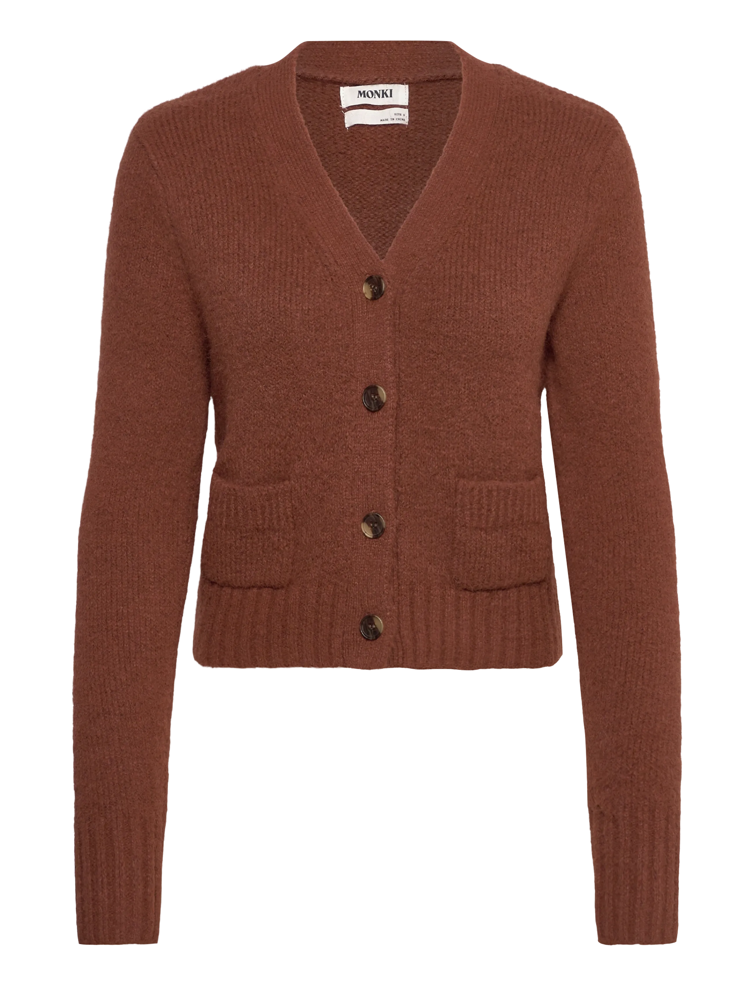 Ribbed V-Neck Cardigan - BROWN DARK