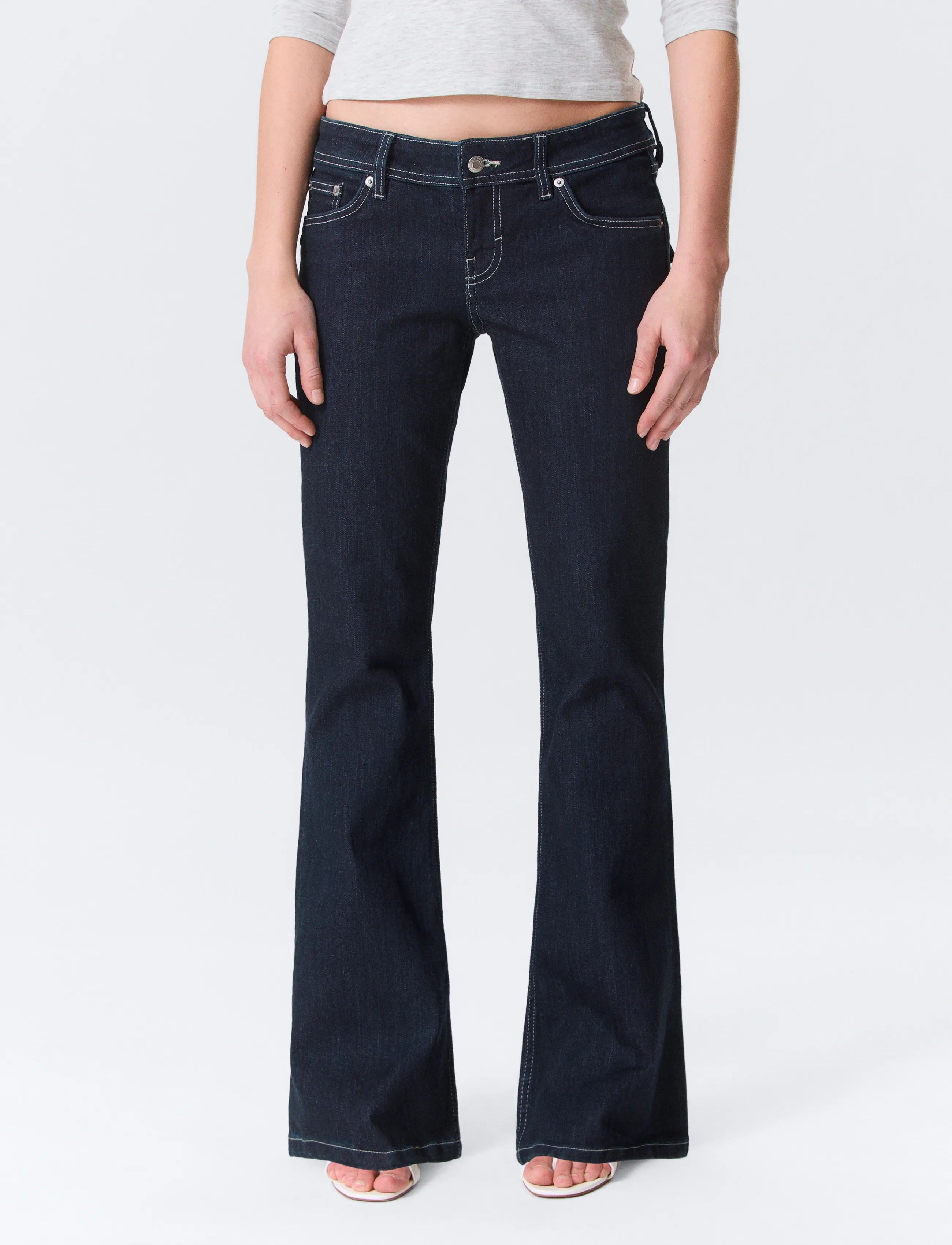 Monki Low Rise Slim Flared Leg Jeans, 29, Navy, Jeans > Flares, Dame