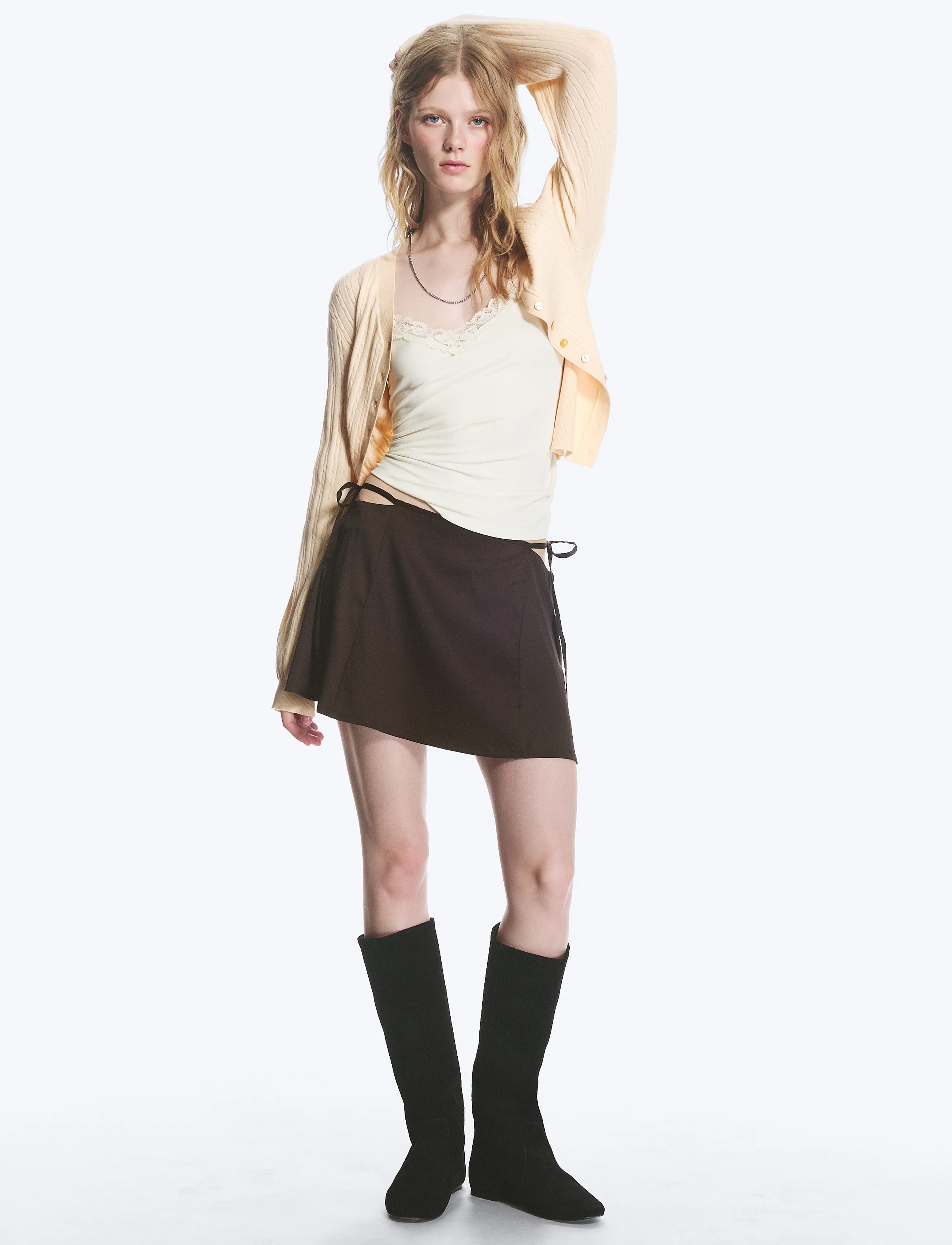 Monki Satin Cut-Out Mini Skirt, Kvinder, Udskåret Bindebånds Miniskørt, Brun, Str: 34