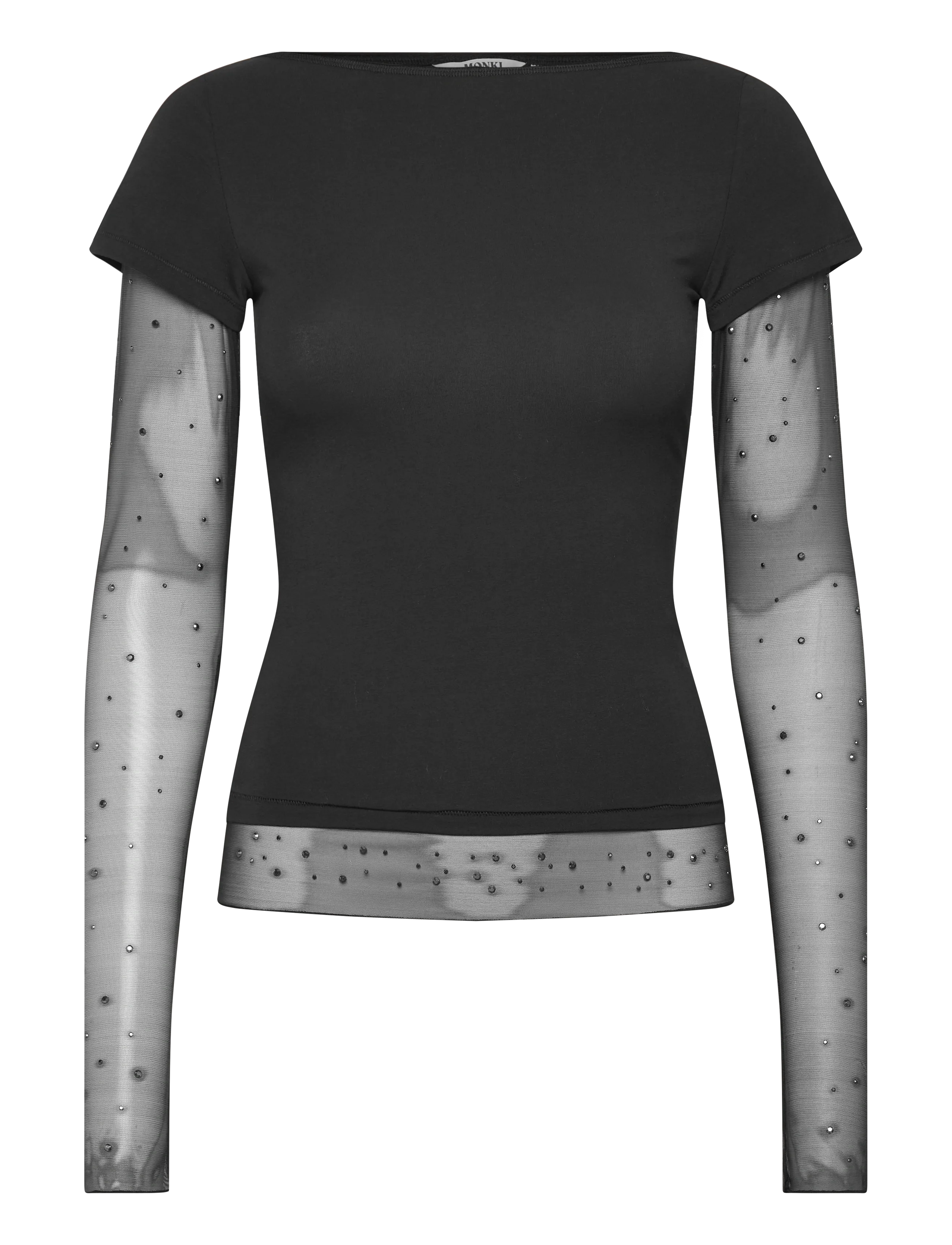 Monki Double Sleeve T-Shirt, XS, T-shirts & Oberteile, Schwarz - Short-sleeved, Frauen