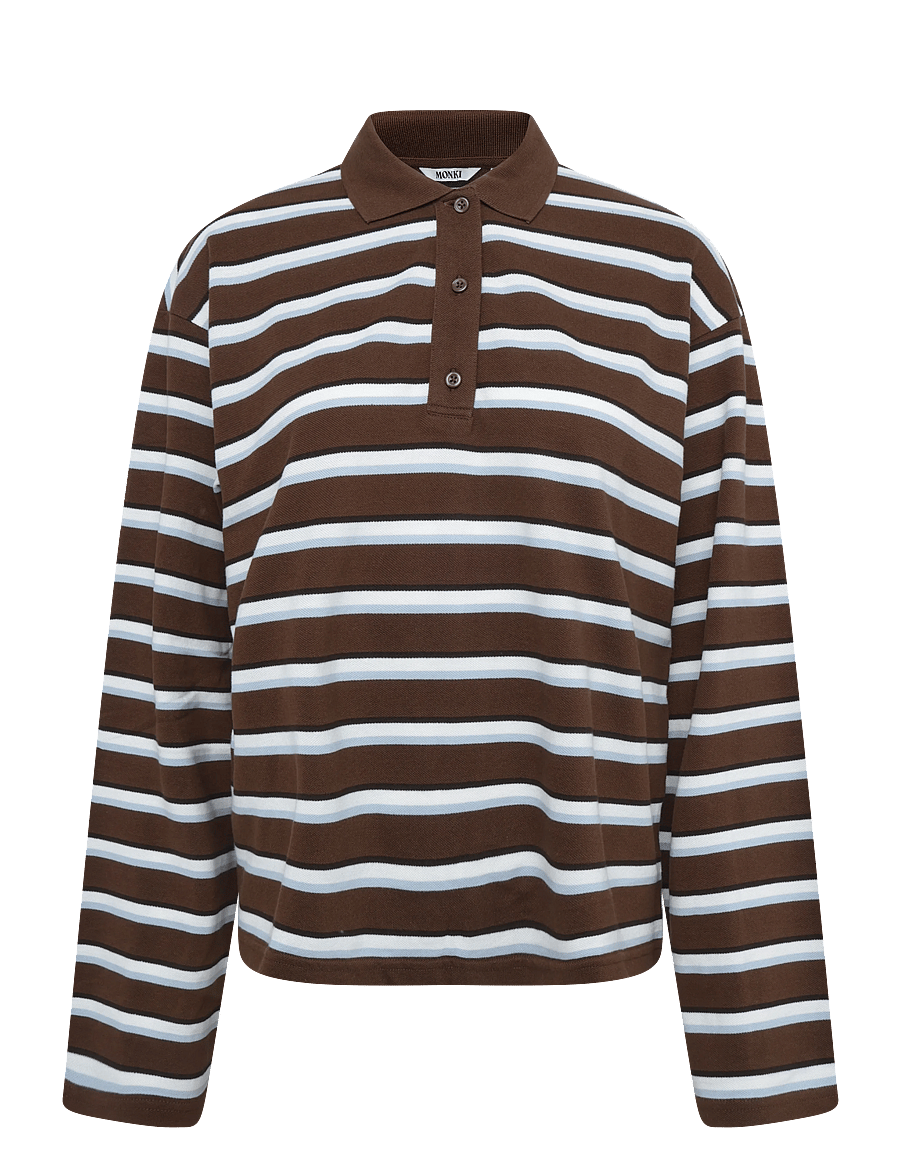 Monki - Long-Sleeved Cotton Polo Top - polo shirts - brown dark - 0