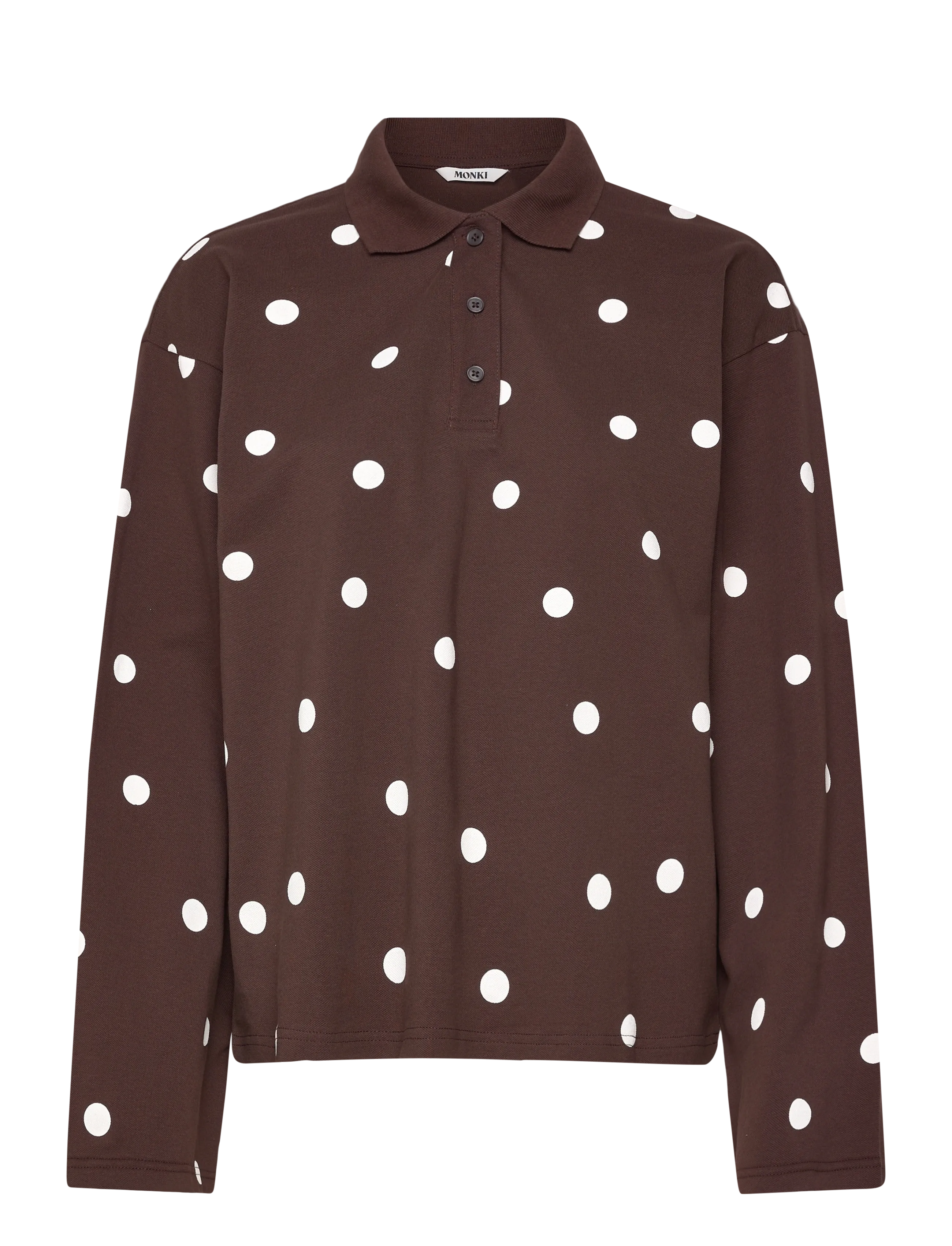 Long-Sleeved Cotton Polo Top - BROWN DARK