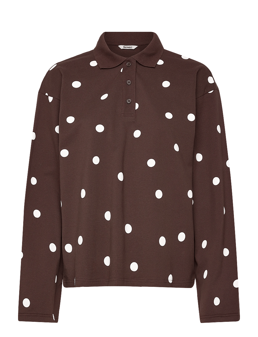 Monki - Long-Sleeved Cotton Polo Top - poloer - brown dark - 0