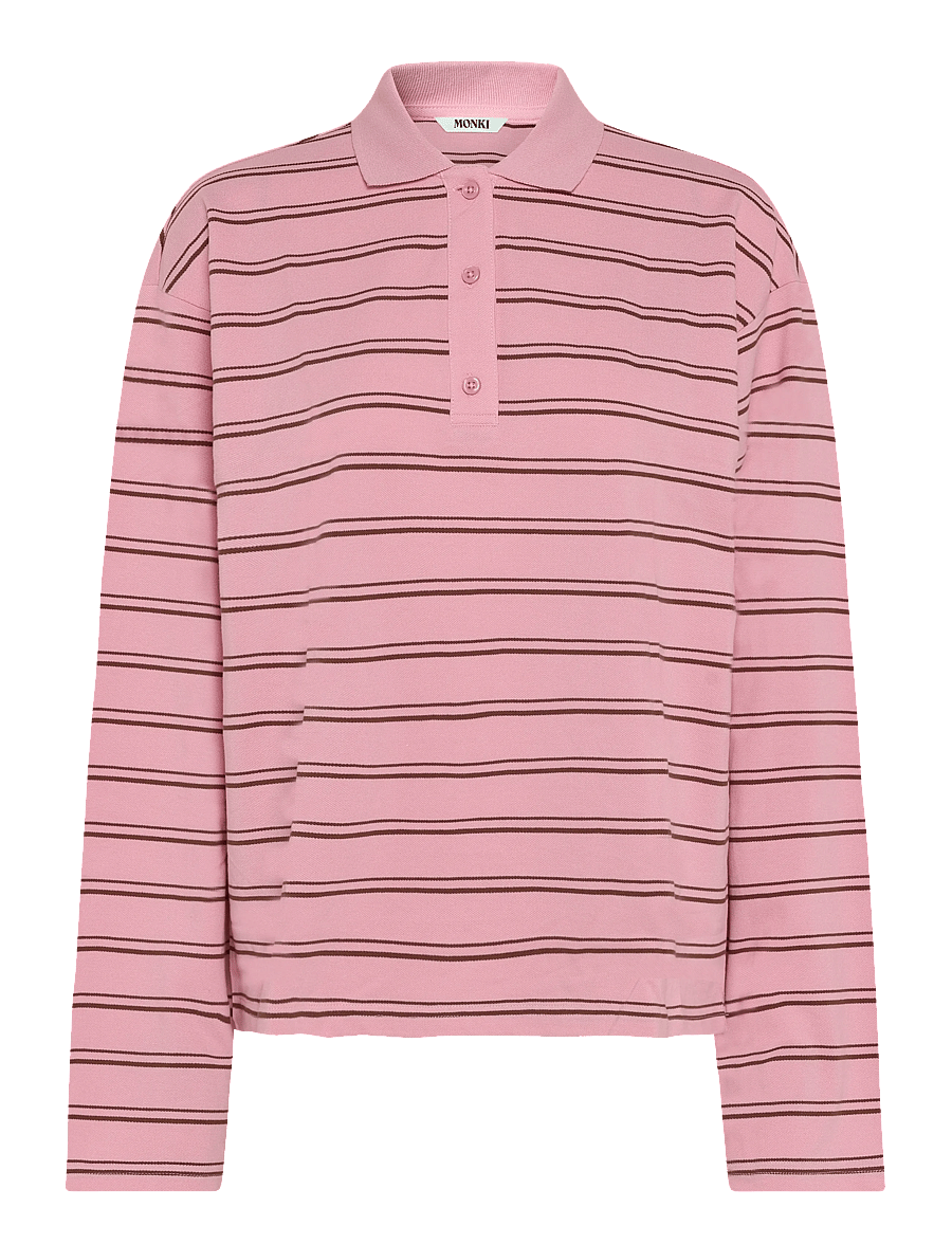 Monki - Long-Sleeved Cotton Polo Top - poloshirts - pink light - 0