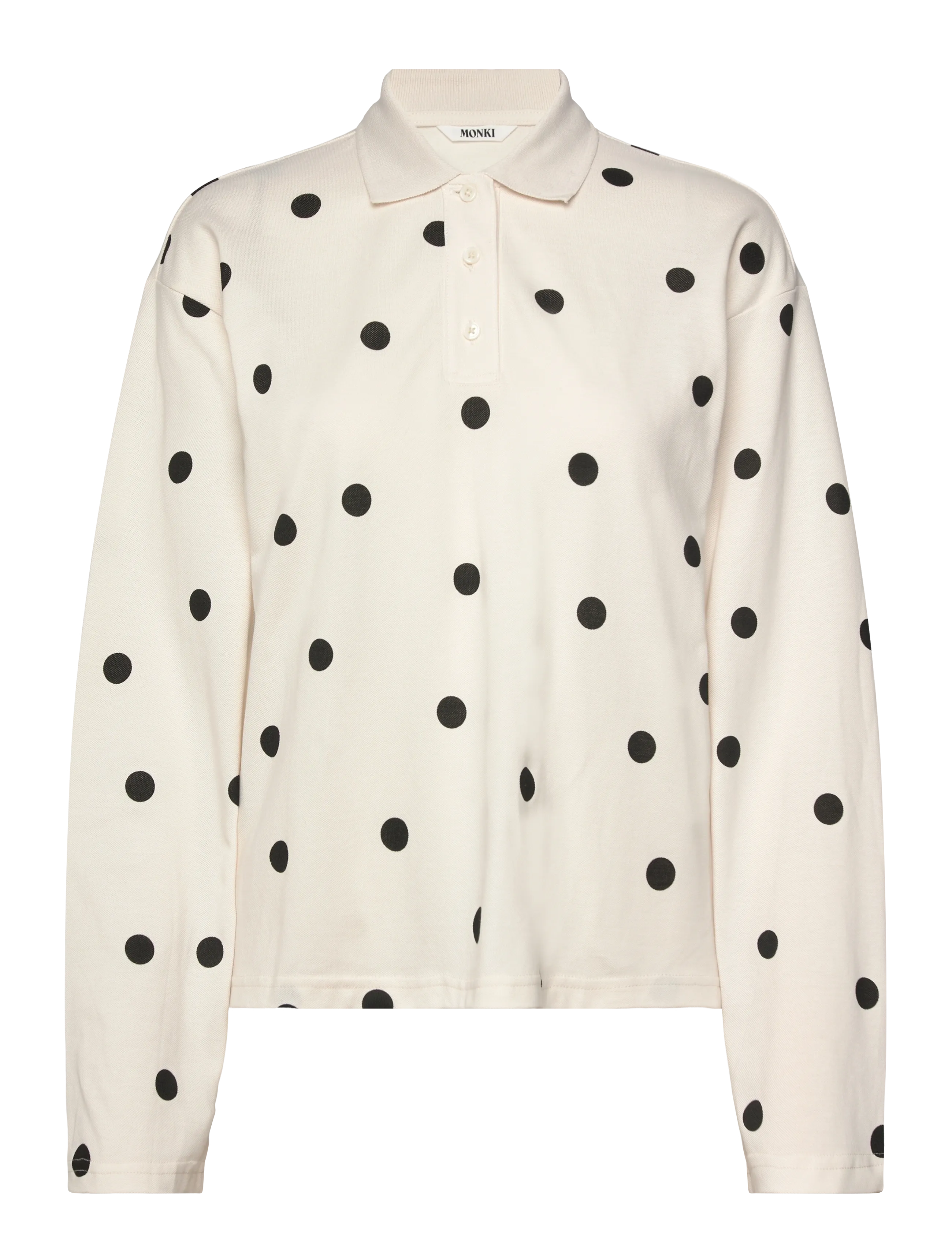 Long-Sleeved Cotton Polo Top - WHITE DOTS