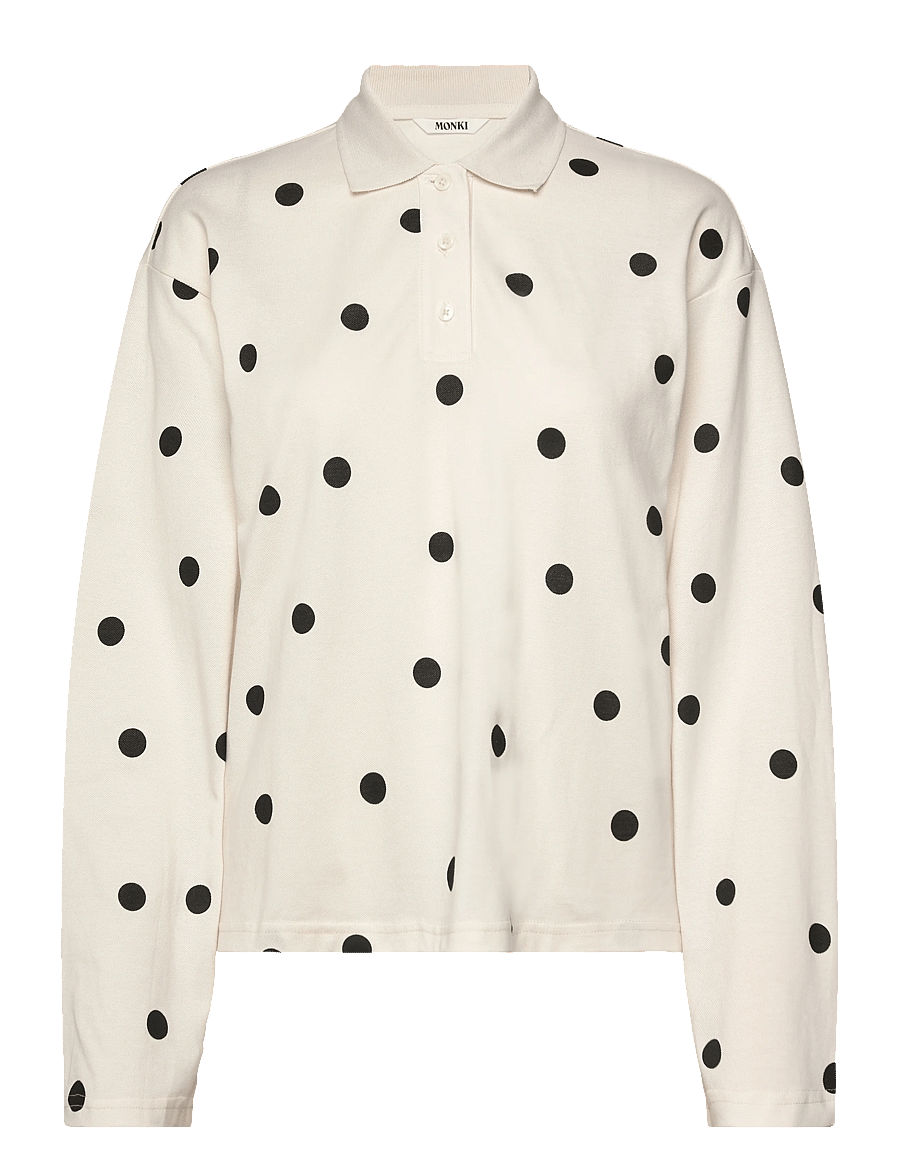Monki - Long-Sleeved Cotton Polo Top - polo shirts - white dots - 0