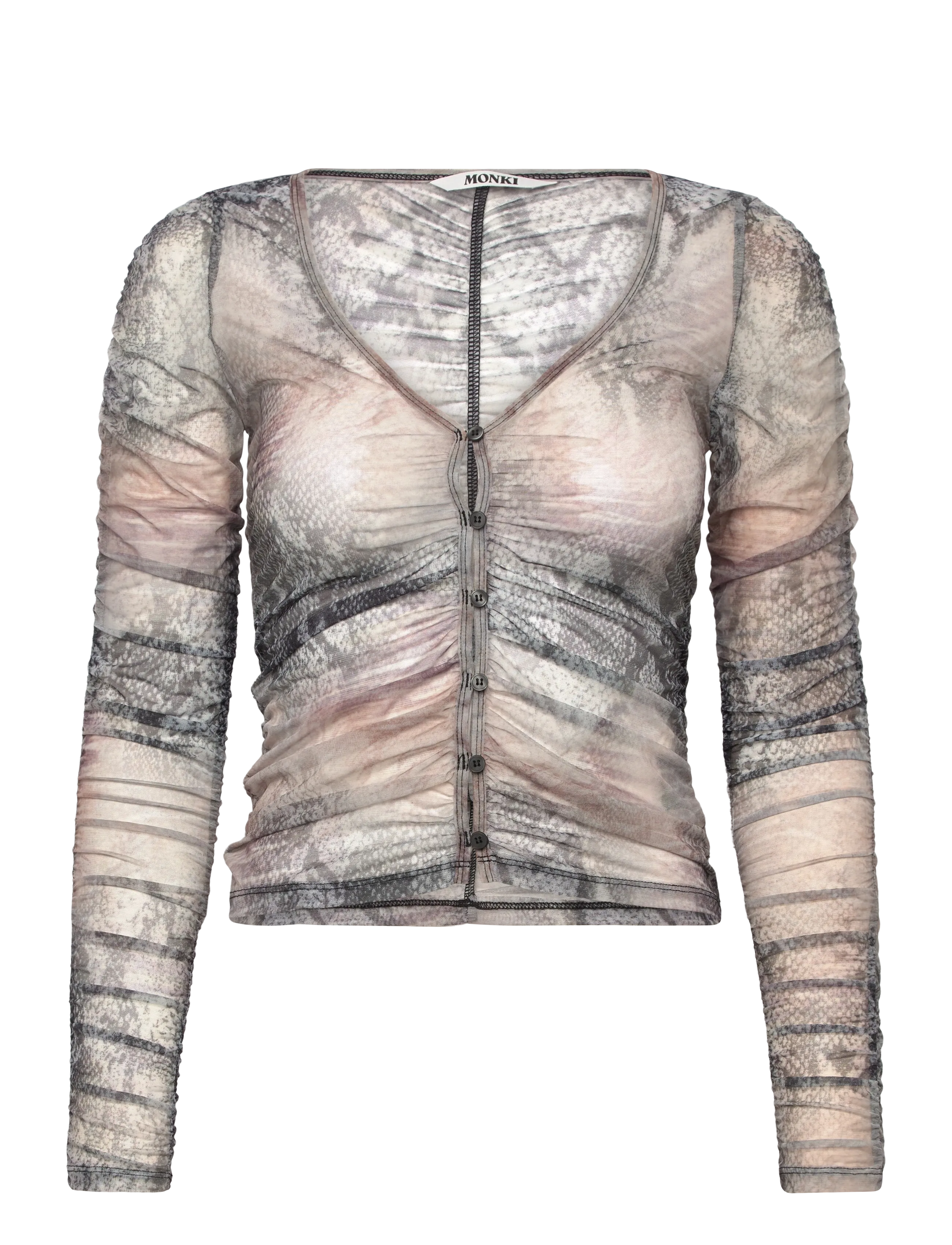 Monki Slim Gathered Long-Sleeved Mesh Cardigan - Monki - BLACK DARK / multi