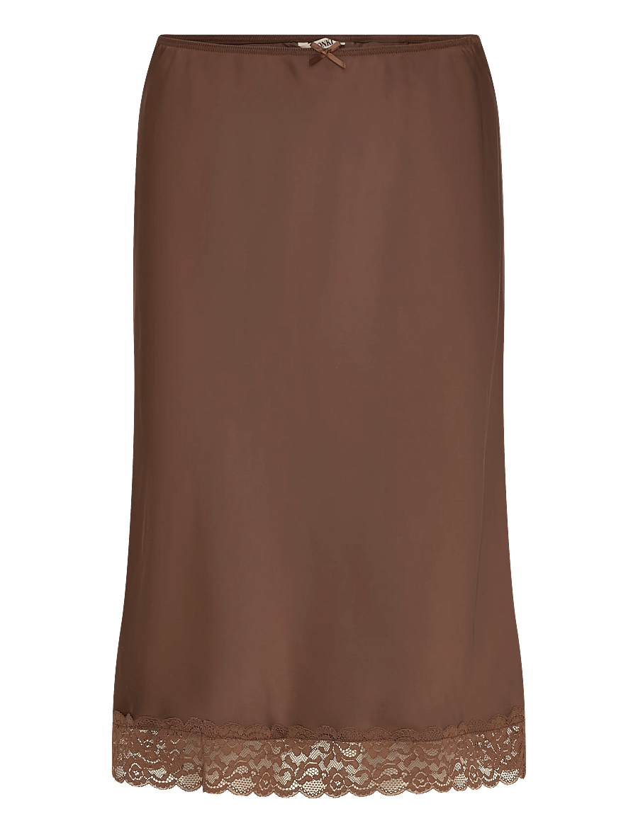 Monki - Satin Lace Midi Skirt - satin skirts - brown dark - 1
