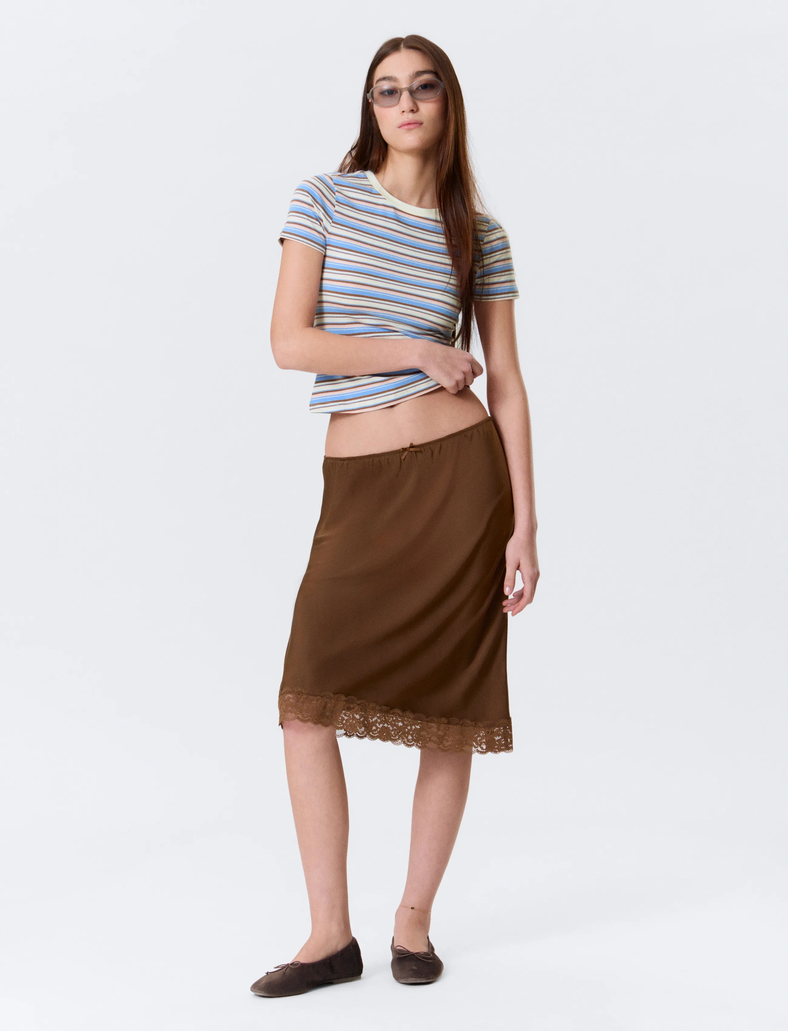 Monki Satin Lace Mid Skirt, XXS, Röcke, Braun - Knee-length & Midi Frauen