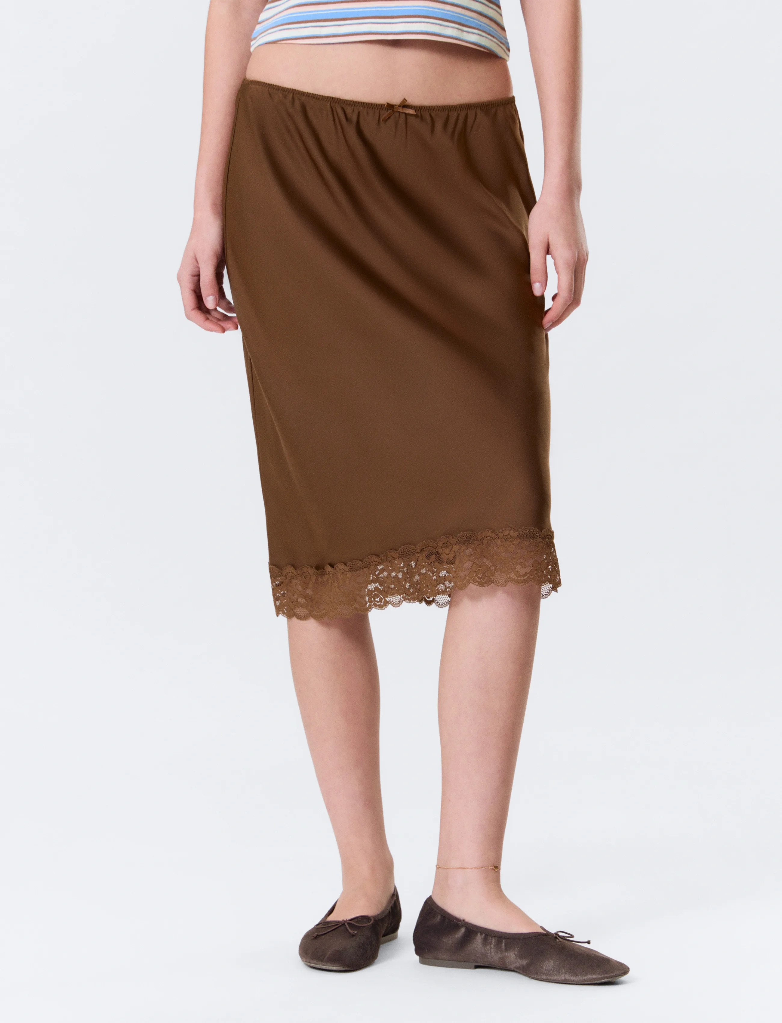 Monki - Satin Lace Midi Skirt - satin skirts - brown dark - 3
