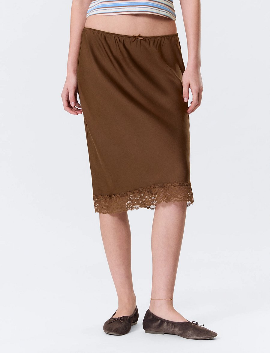 Monki - Satin Lace Midi Skirt - satin skirts - brown dark - 3